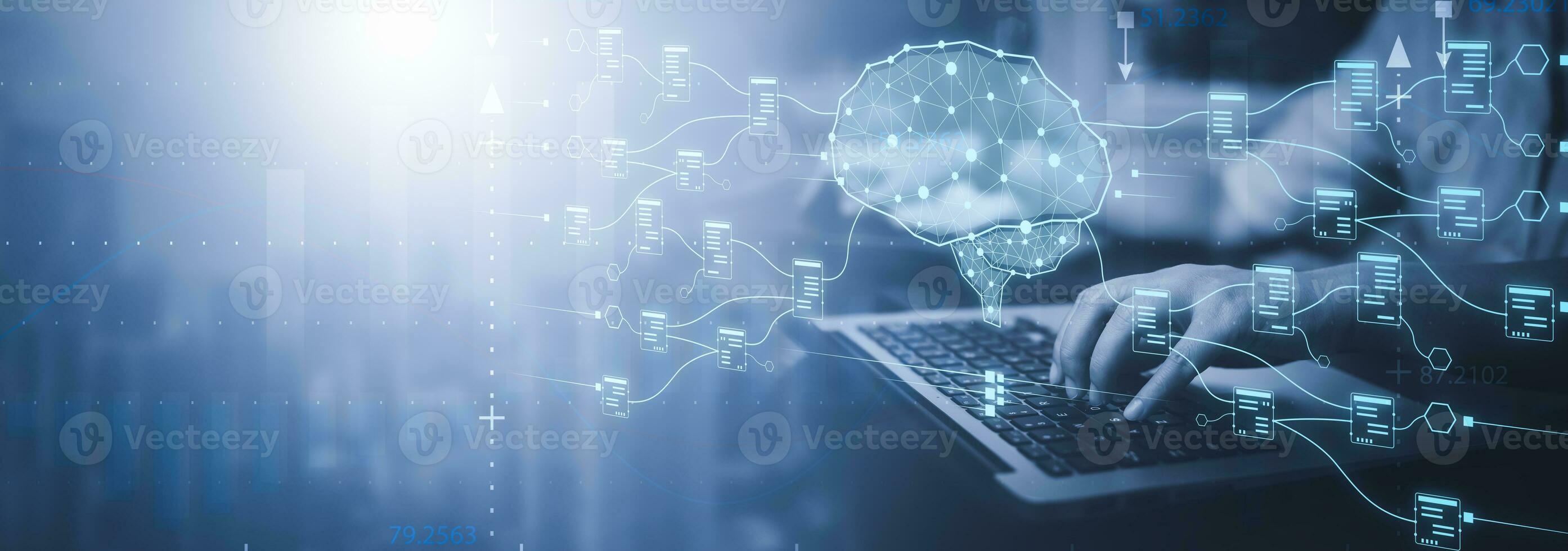 Programmer people hand touching AI, artificial intelligence software engineer coding on laptop or smartphone with technology icons and binary code, big data, Ai bot digital machine photo