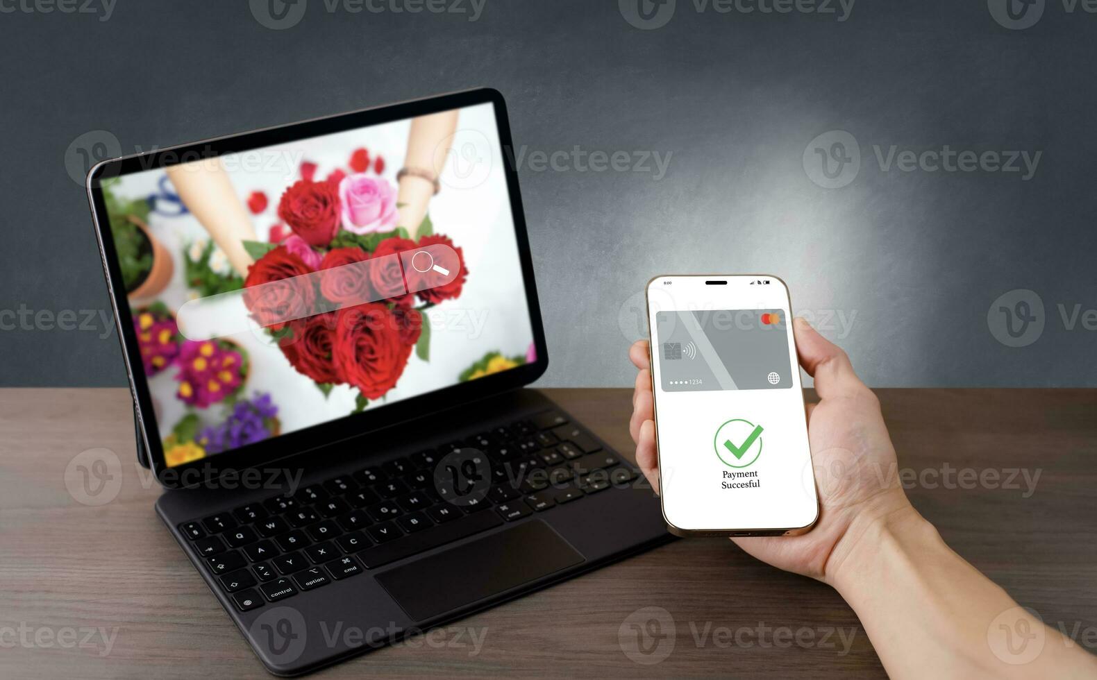 Online payment with digital marketing, Smartphone with banking online bill payment Approved concept button, credit card and network connection icon on business technology virtual screen background photo