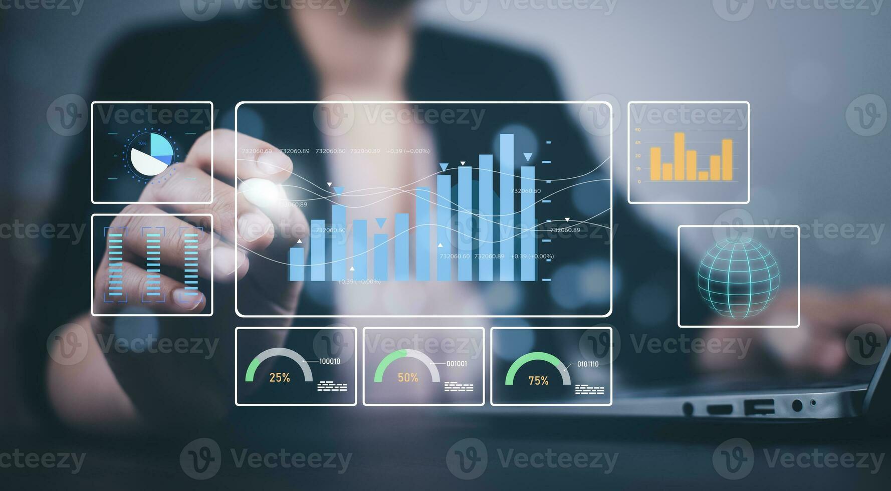 Working Data Analytics and Data Management Systems and Metrics connected to corporate strategy database for Finance, Intelligence,  Business Analytics with Key Performance Indicators, social network photo