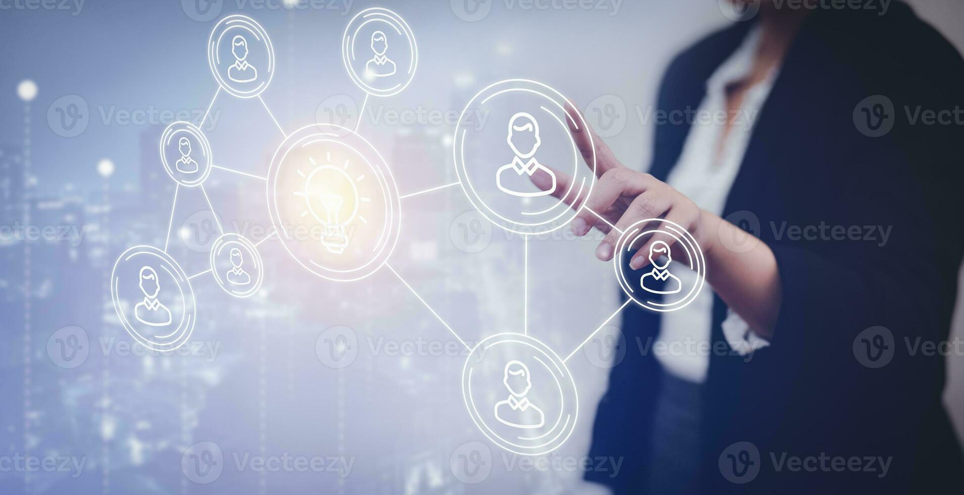 Businesswoman hand touch graph market stock and light bulb with people icon on the white background,Technology Process System Business with Recruitment, Hiring, Team Building. Organisation structure. photo
