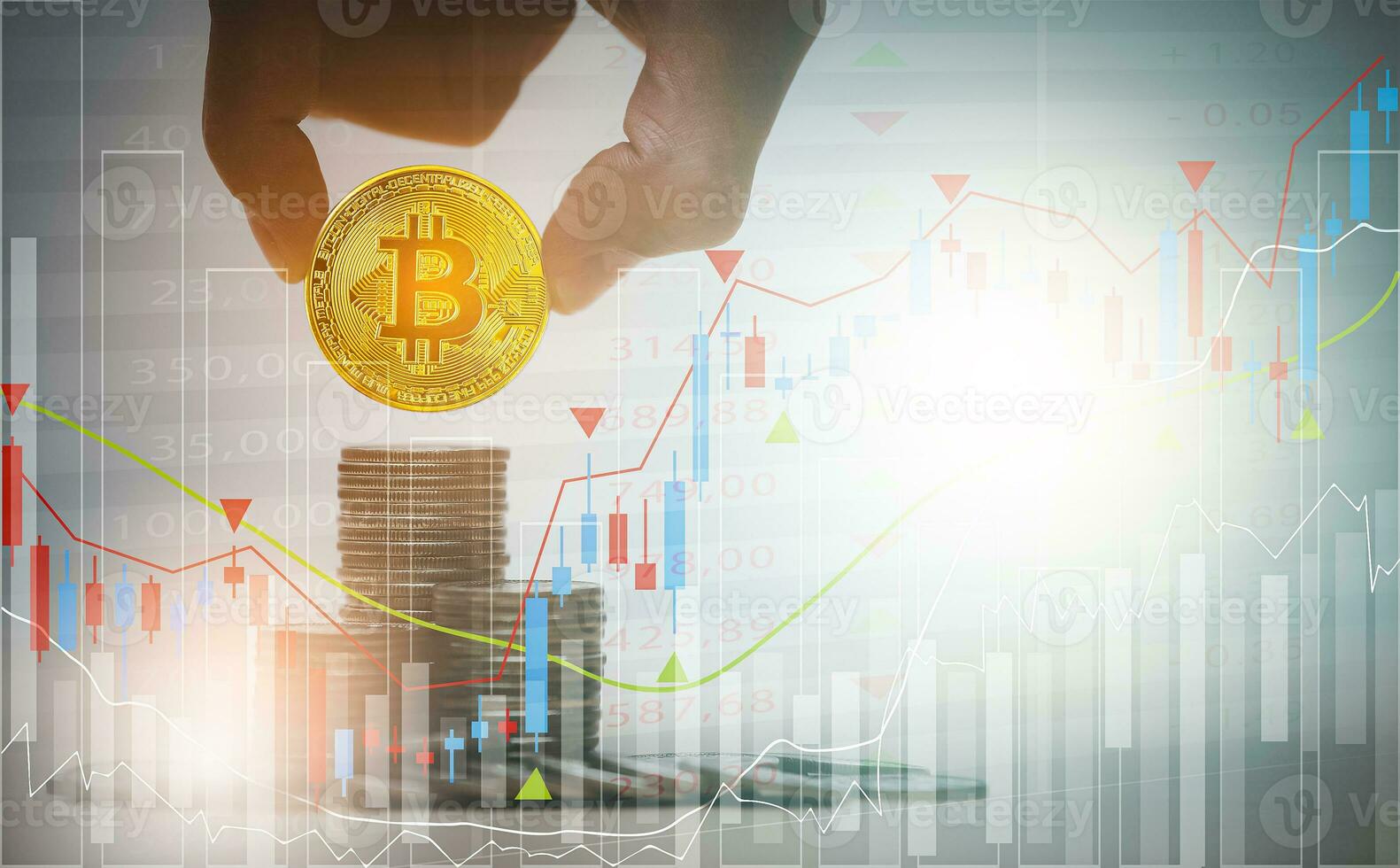Double exposure of Bitcoin digital growth futuristic business chart stock market financial Financial growth concept with golden Bitcoins ladder on forex chart background. photo