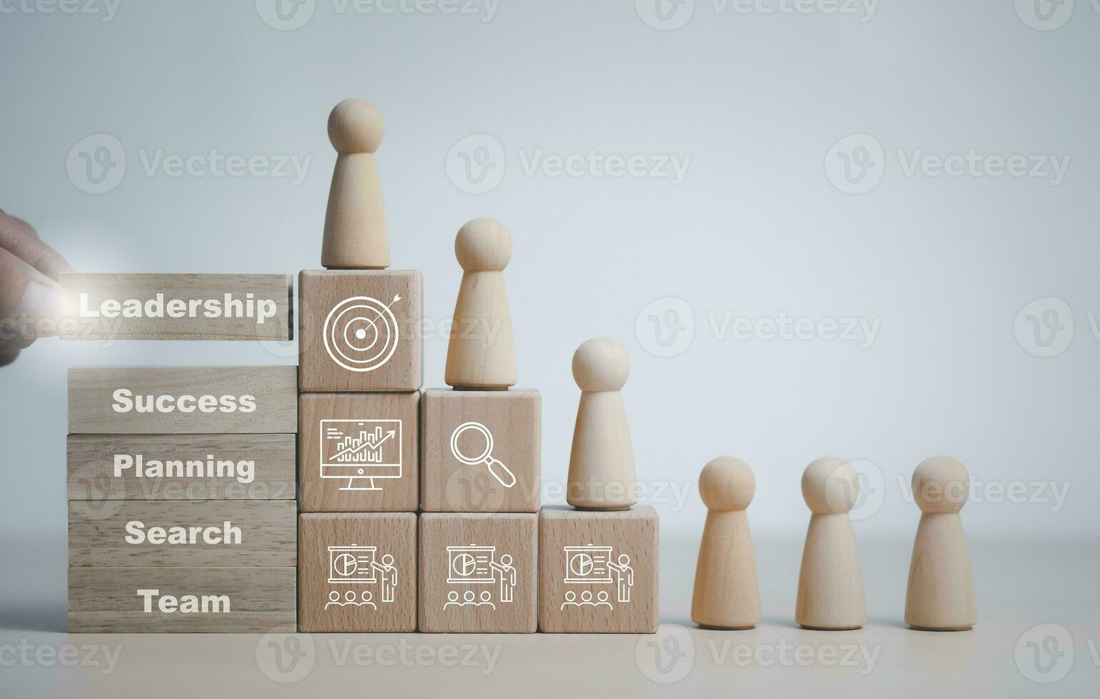 Winners figures on pedestal and losers on floor, Business hierarchy, ranking, wooden doll woman walking up stack cubs wood with Action plan, Goal and new target, success and business target concept, photo