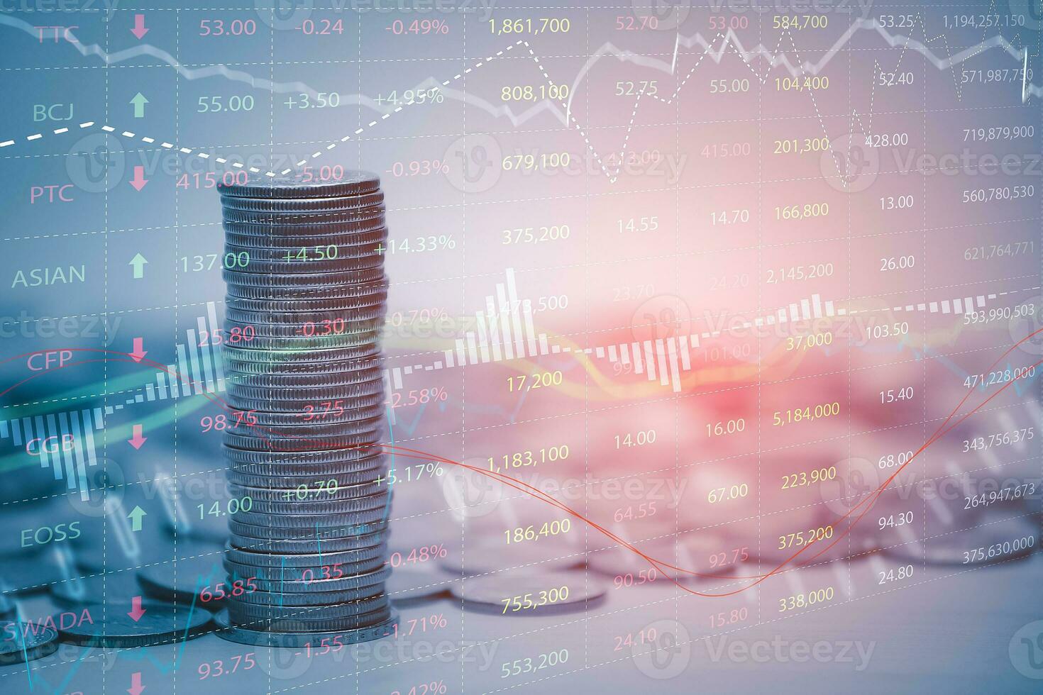 Saving Bank for Business Finance concept, coin and rows growth, Stock market or forex trading graph and candlestick chart suitable for financial investment money, currency exchange background photo