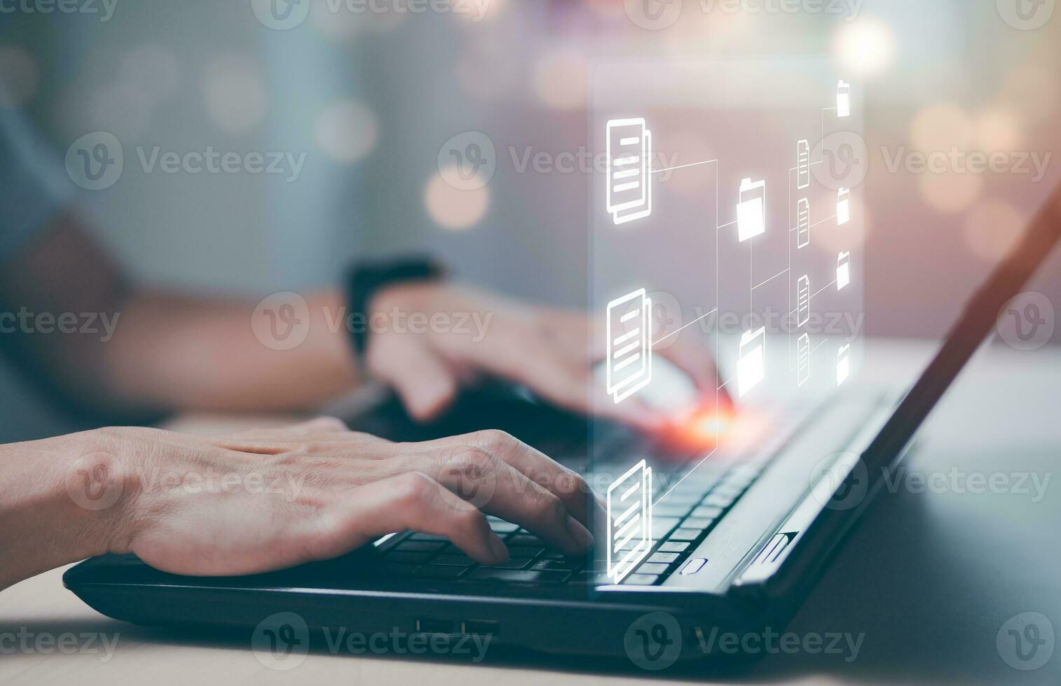 Online documentation database and document management system concept, Businessman using tablet or computer,Document Management System and Automation software to archiving and efficiently manage. photo
