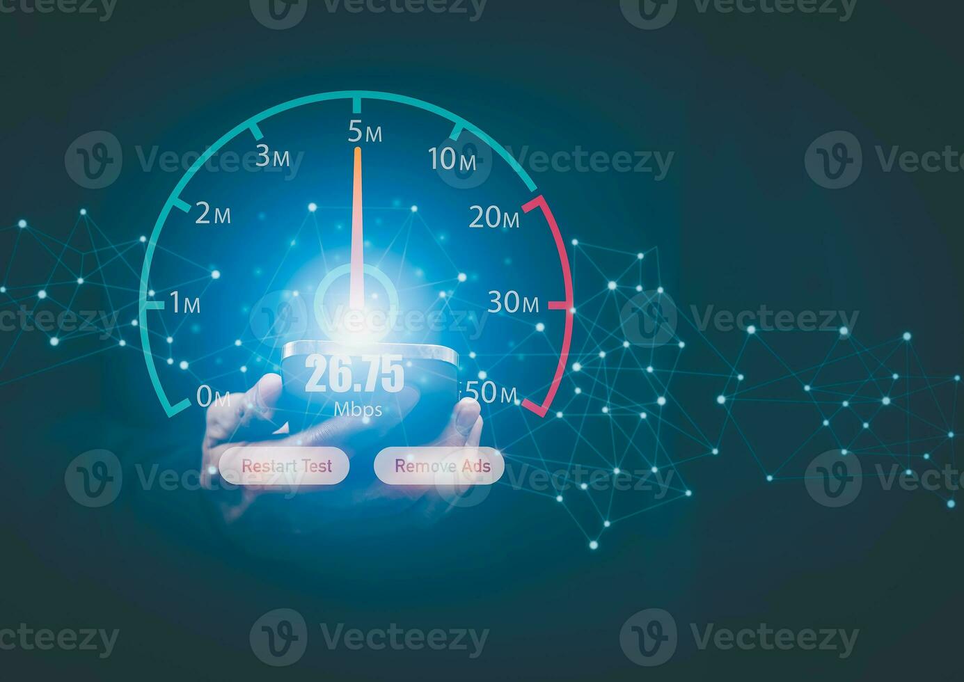 Fast internet connection with Metaverse technology concept, Hand holding smartphone and Virtual screen of Internet speed measurement,Internet and technology concept, 5G Hi speed internet concept photo