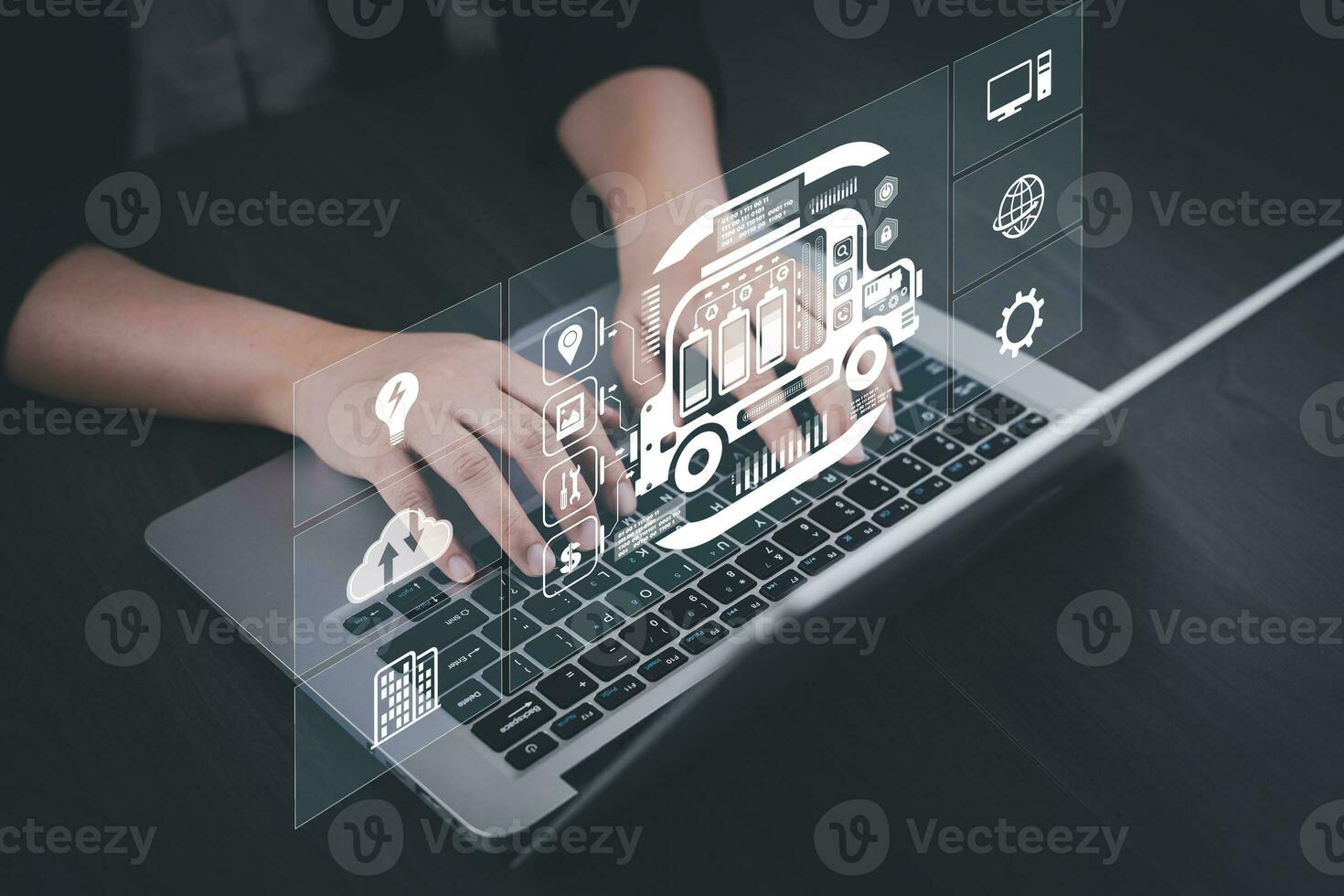 Industrial Technology Concept, Engineer working on a laptop with monitoring system software and industrial network connection icon on AI, artificial intelligence, monitoring system in a smart factory photo