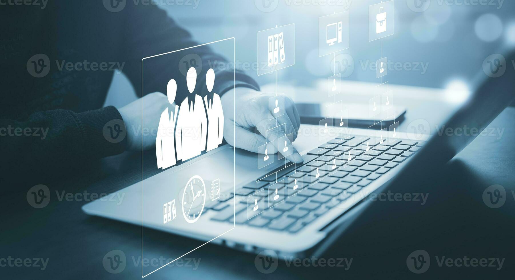 cliente relación administración ,empresario utilizando ordenador portátil con humano global estructura , datos intercambios desarrollo. cliente servicio, social medios de comunicación, digital márketing en línea, sociales Internet red, hora foto