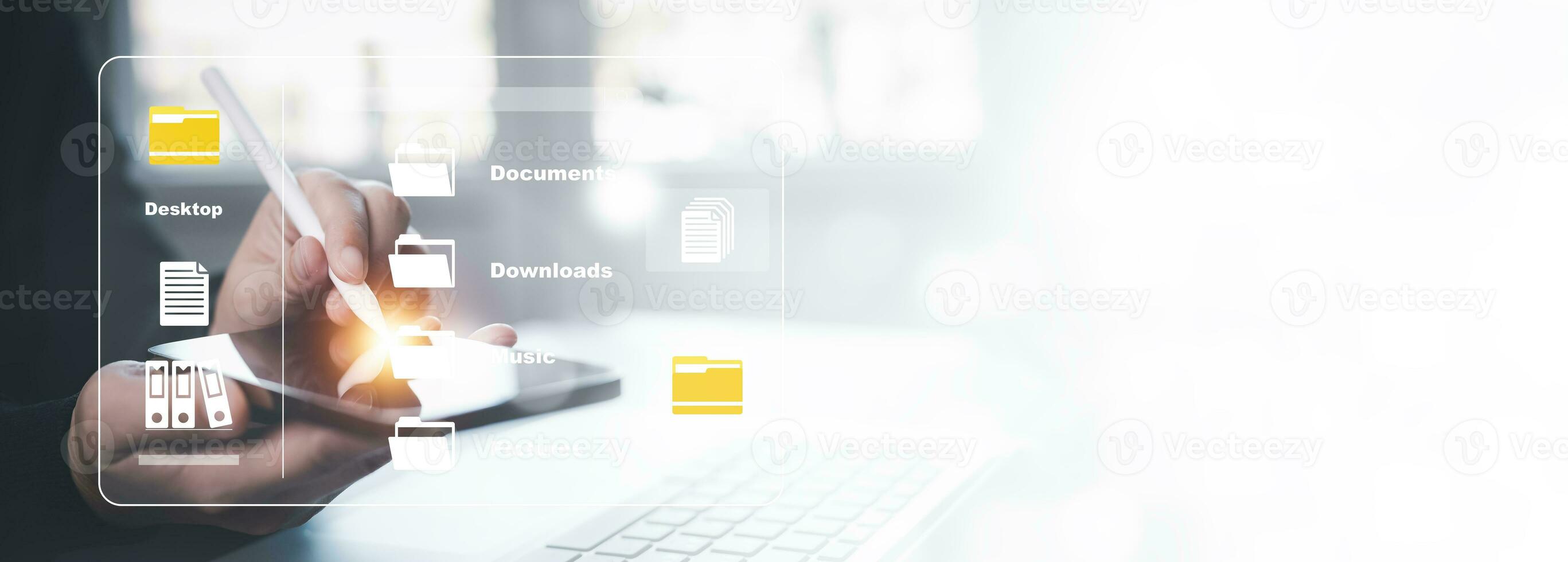 Online documentation database and document management system concept, Businessman using a tablet or computer, Document Management System and Automation software to archiving and efficiently manage. photo