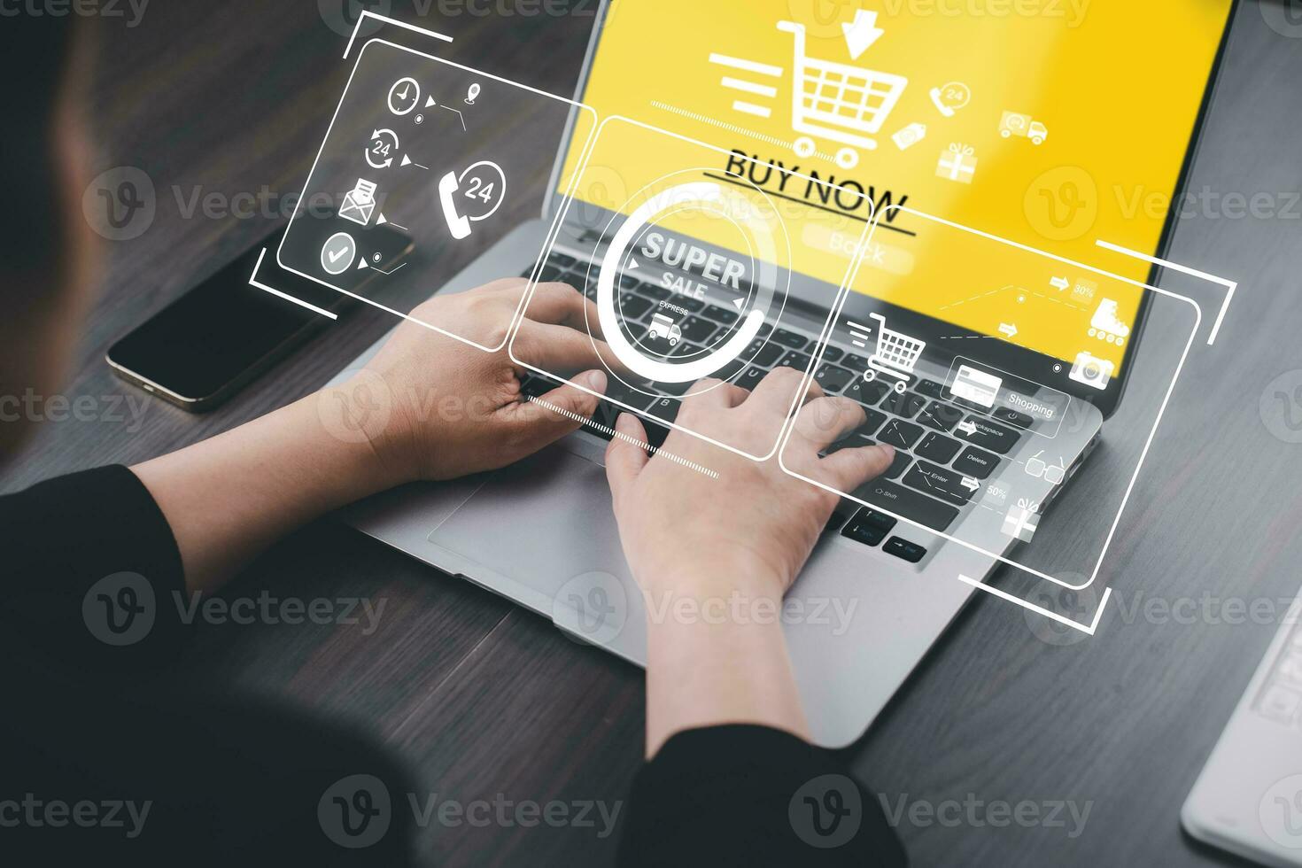 Online shopping with laptop computer concept, Hand hold smartphone and laptop for online shopping showing payment details, E-commerce shop ecommerce website with smartphone shopping cart online photo
