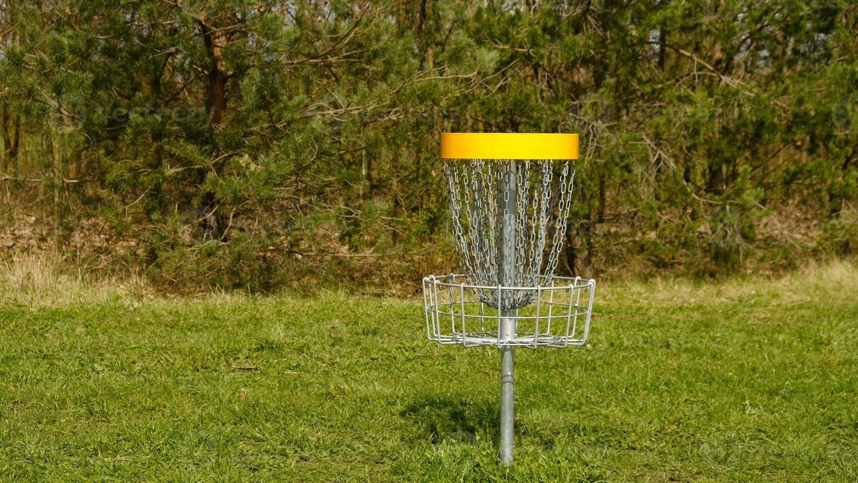 Disc Golf basket. Frisbee golf is sport and hobbie in outdoor park. Metal basket with chains for disc game surrounded by vibrant green trees. photo