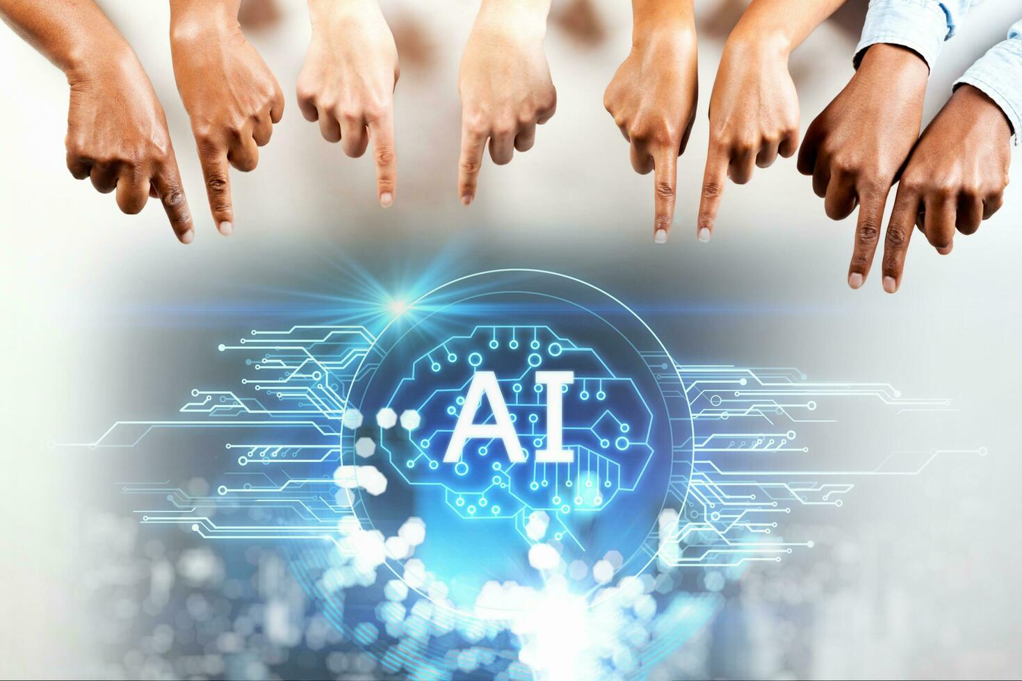 people hand pointing AI technology digital graphic design black background, AI machine learning hands of robot science and artificial intelligence technology innovation and futuristic photo