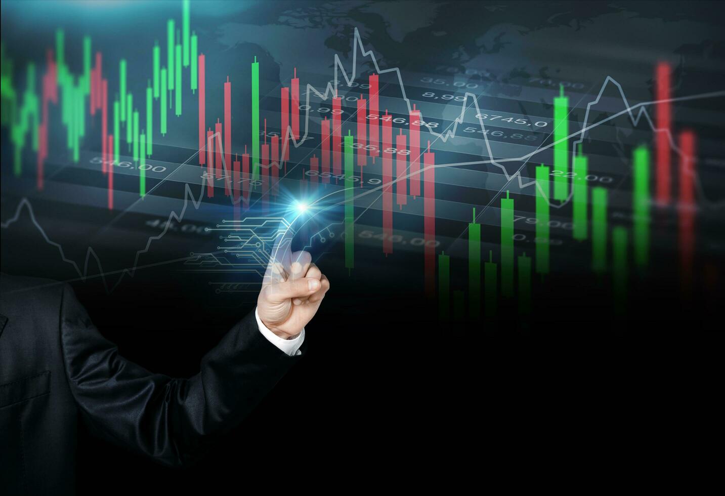 business man hand pointing graph business stock market graph trading analysis investment financial stock exchange graph chart trader stock market analyzing digital technology grow up gain and profits photo