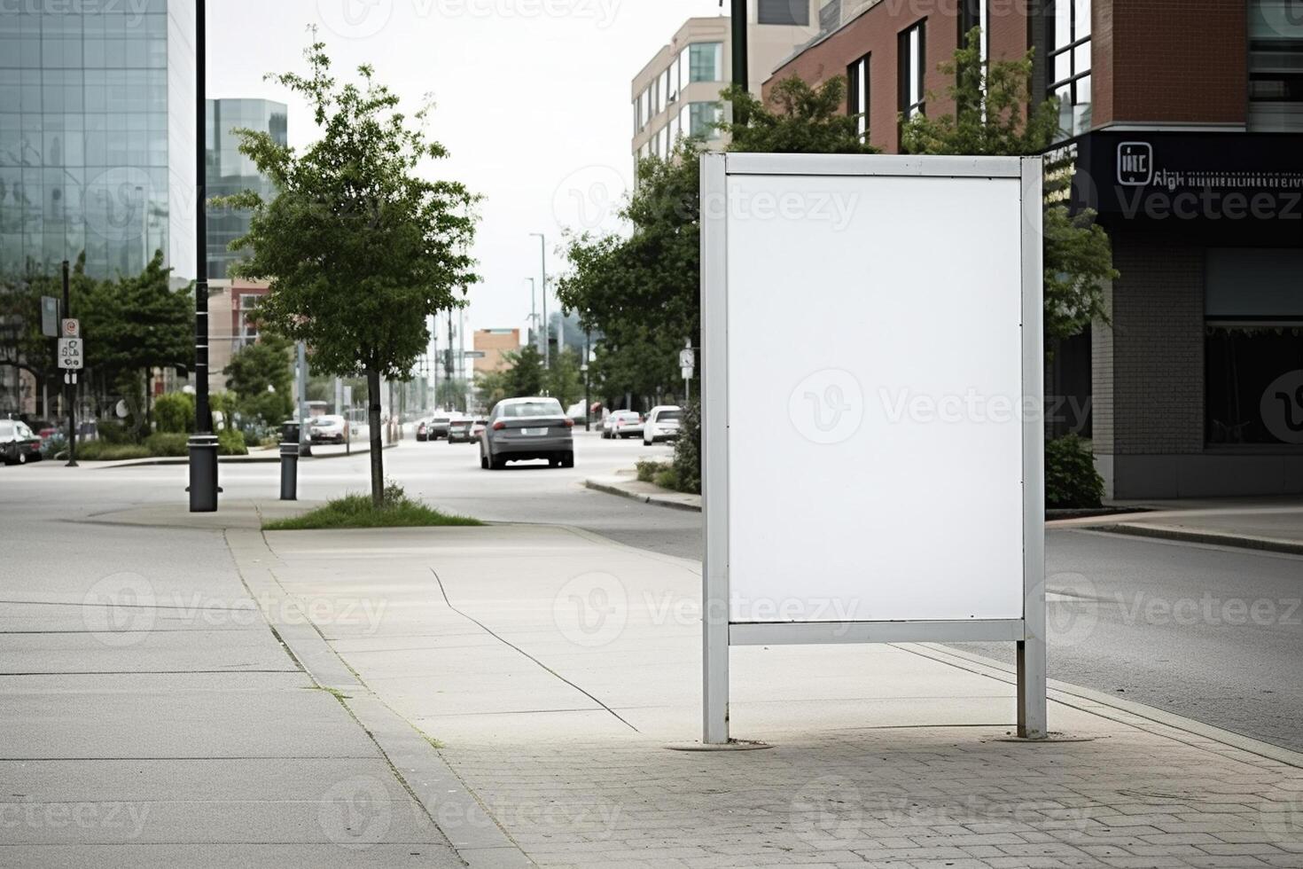 A blank white billboard mockup on a sidewalk in a city photo