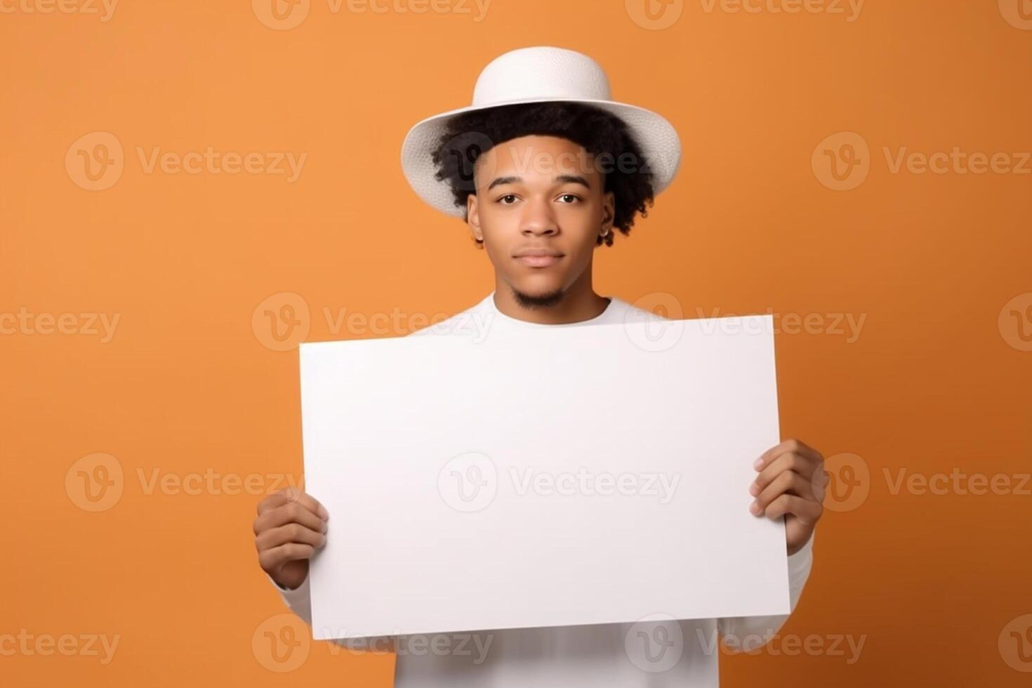 A man holds a blank white sign board mockup in his hand photo