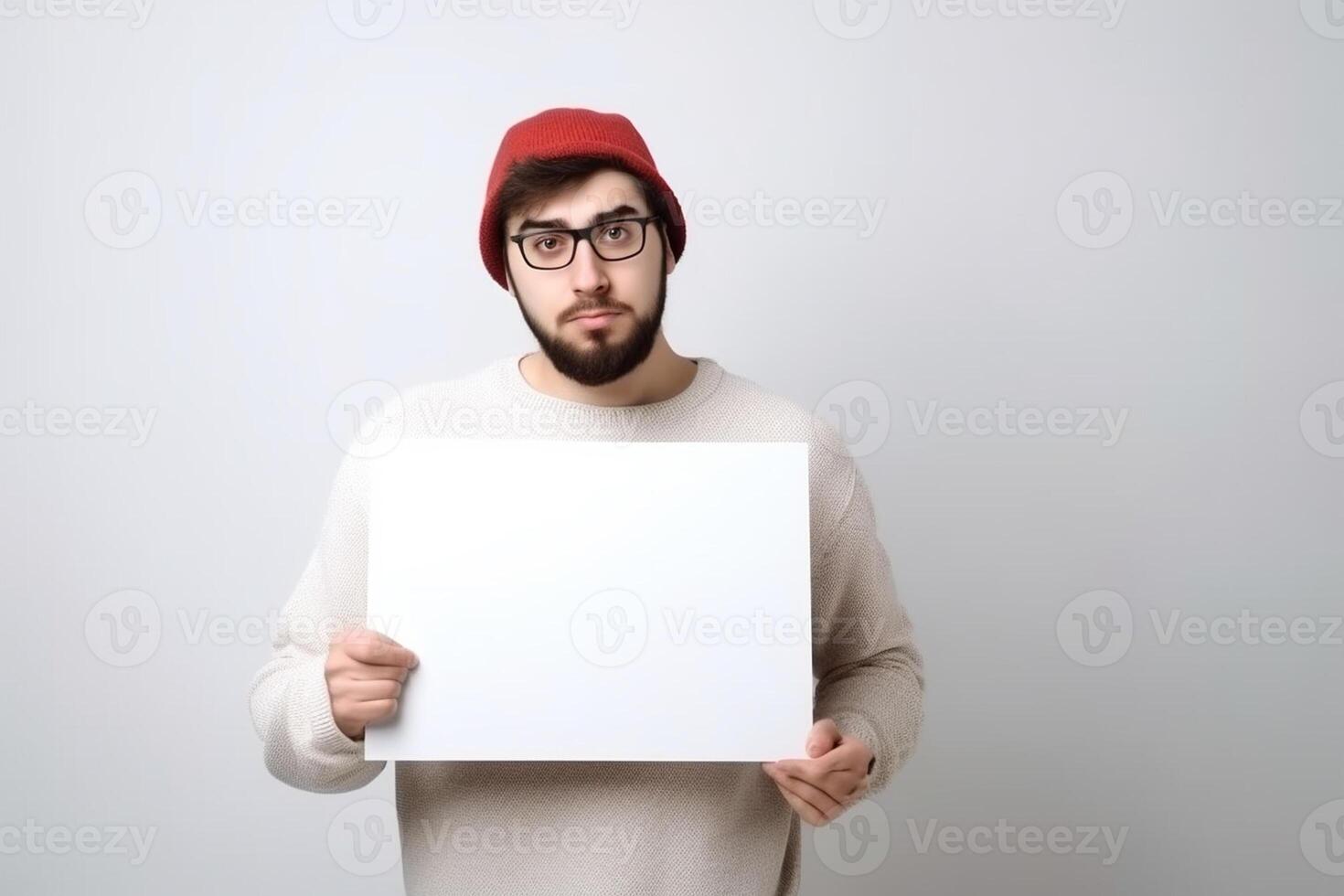 A man holds a blank white sign board mockup in his hand photo