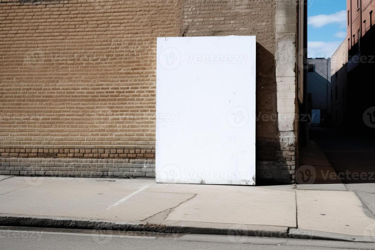 A blank white billboard mockup on a sidewalk in a city photo