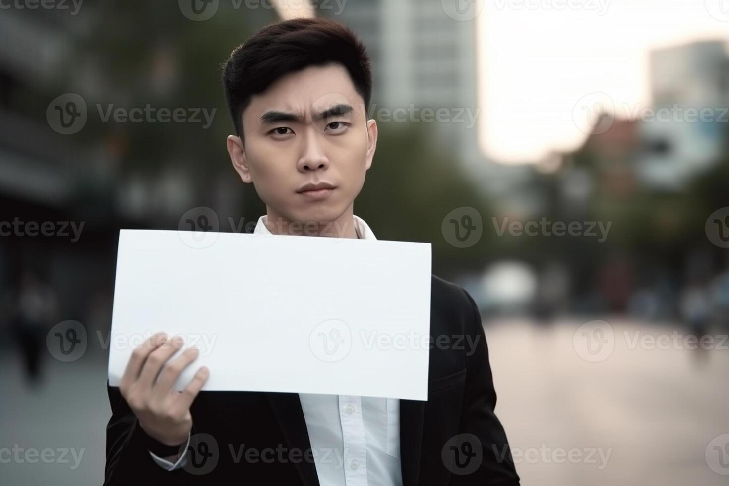A man holds a blank white sign board mockup in his hand photo
