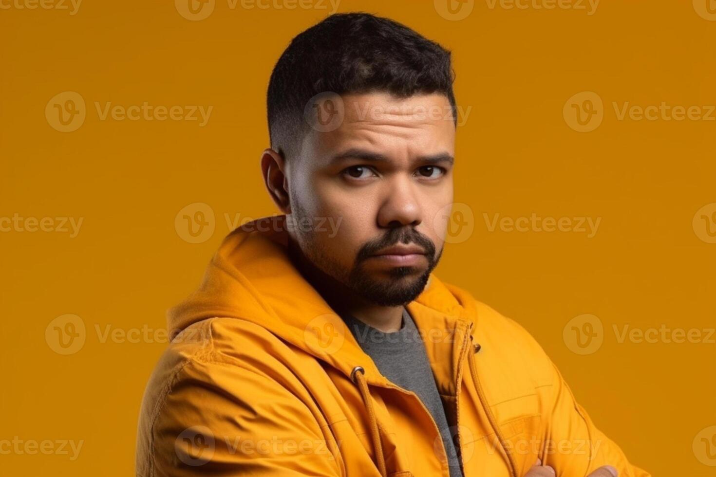 a man on solid color background photoshoot with Serious facial expression photo