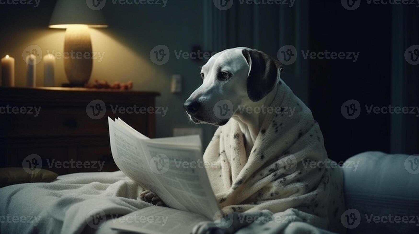 Cute dog in a blanket reading a newspaper on the bed at home photo