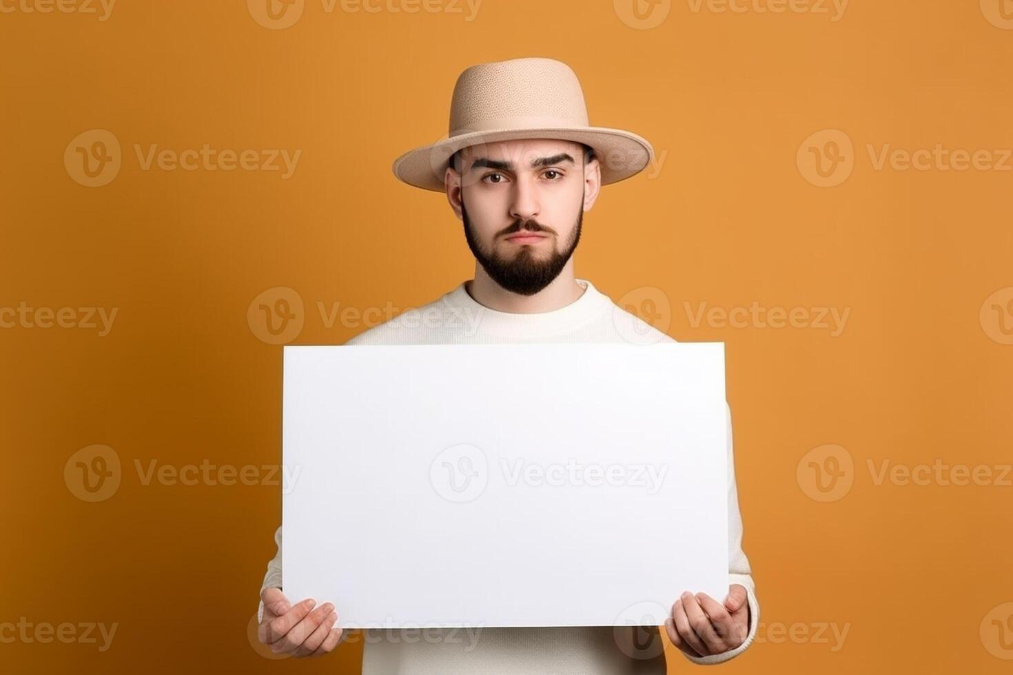 A man holds a blank white sign board mockup in his hand photo