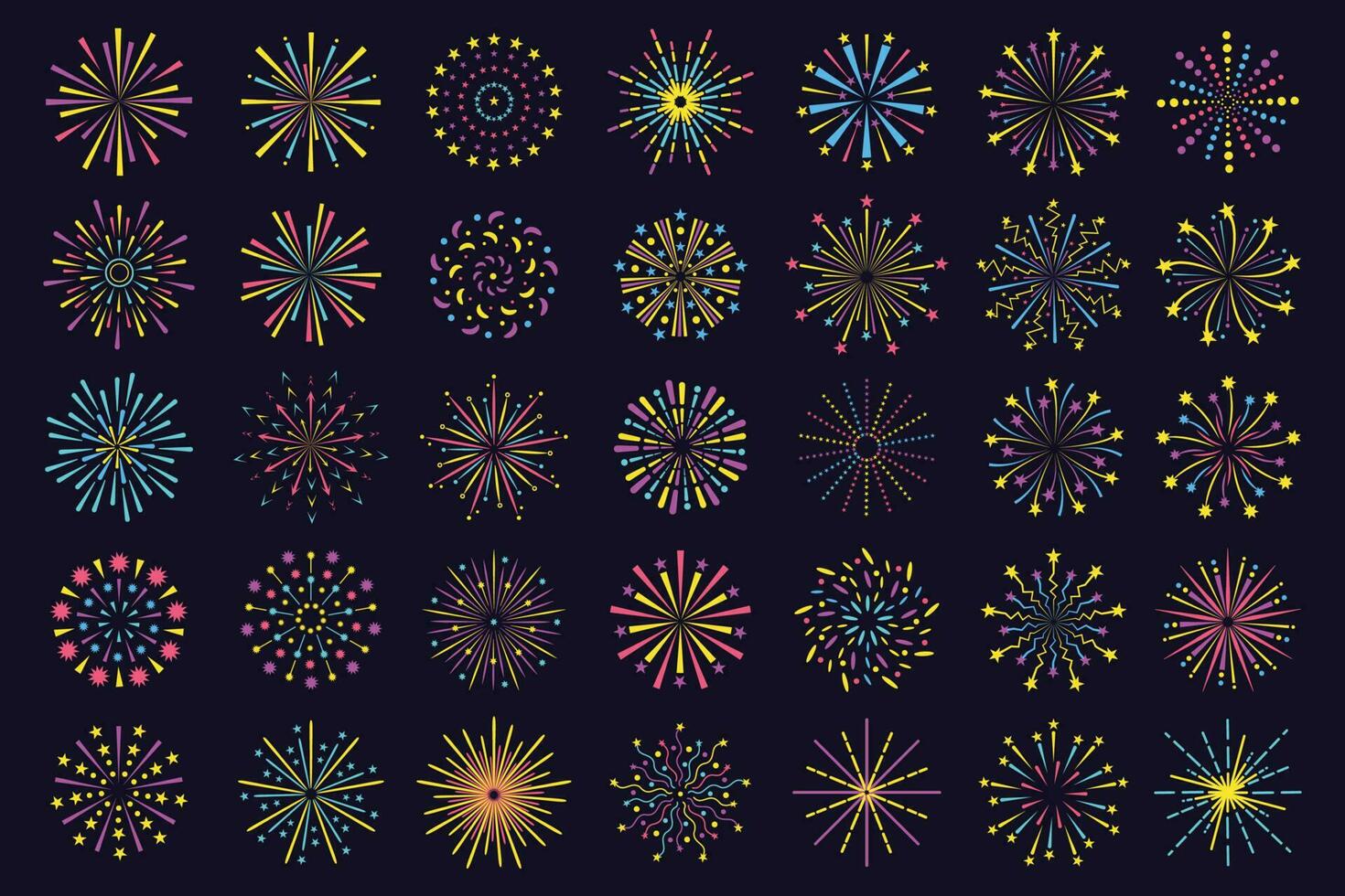 vistoso fuegos artificiales icono, resumen festivo petardo brillar. Fuegos artificiales explosión, Bengala luces Estallar fiesta celebracion elementos vector conjunto