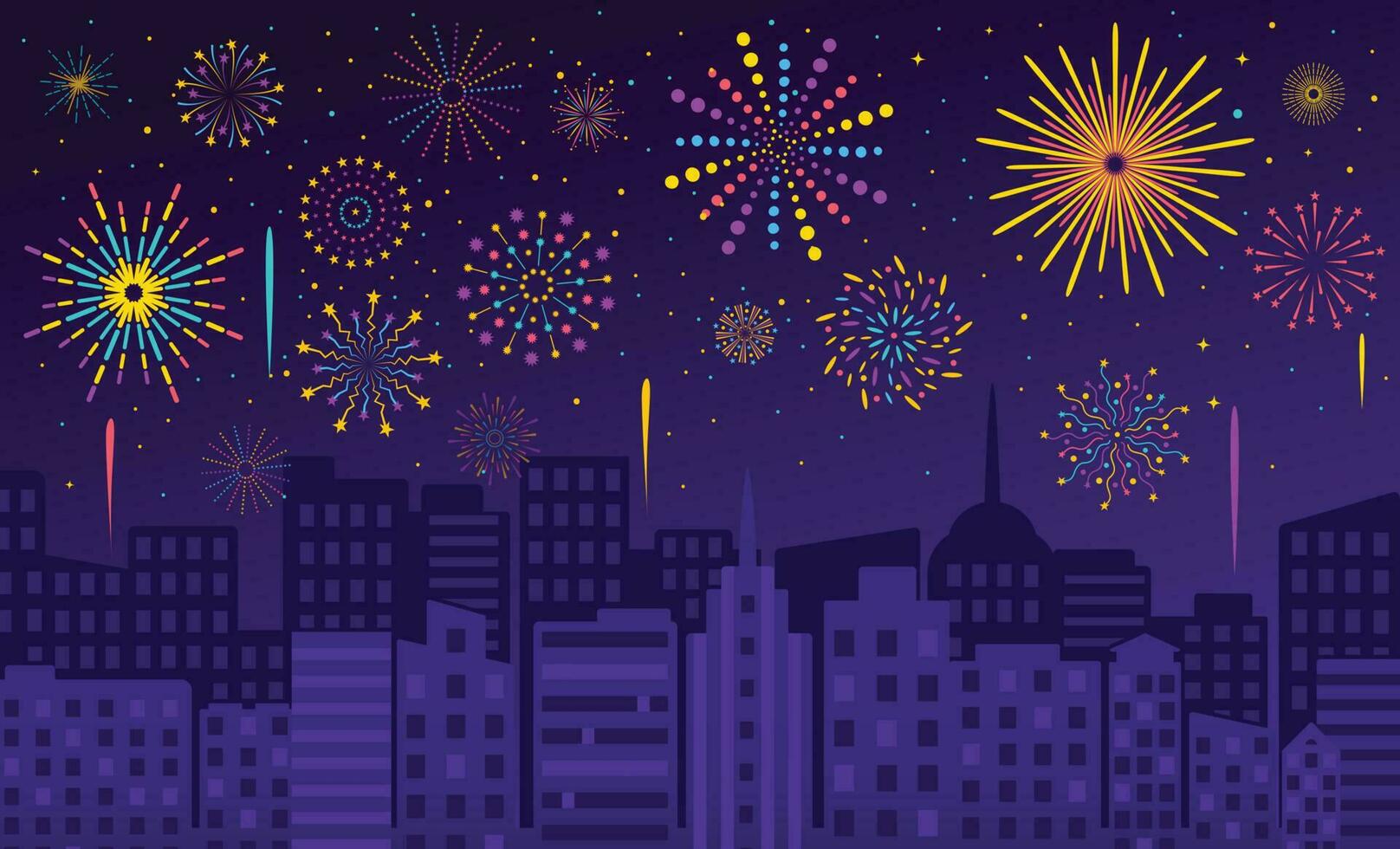 Fireworks over city, night sky with firework display. Carnival, party celebration, festive firecrackers evening cityscape vector illustration