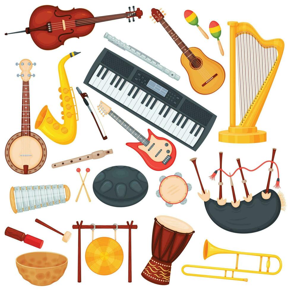 dibujos animados musical instrumentos, clásico orquesta música elementos. saxofón, trombón, arpa, bongo tambor, acústico guitarra jazz instrumento vector conjunto