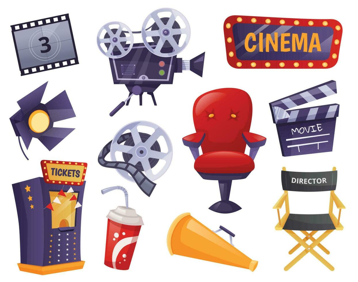 Cartoon movie elements, cinema entertainment, film industry. Clapperboard, retro video camera, director chair, film making equipment vector set