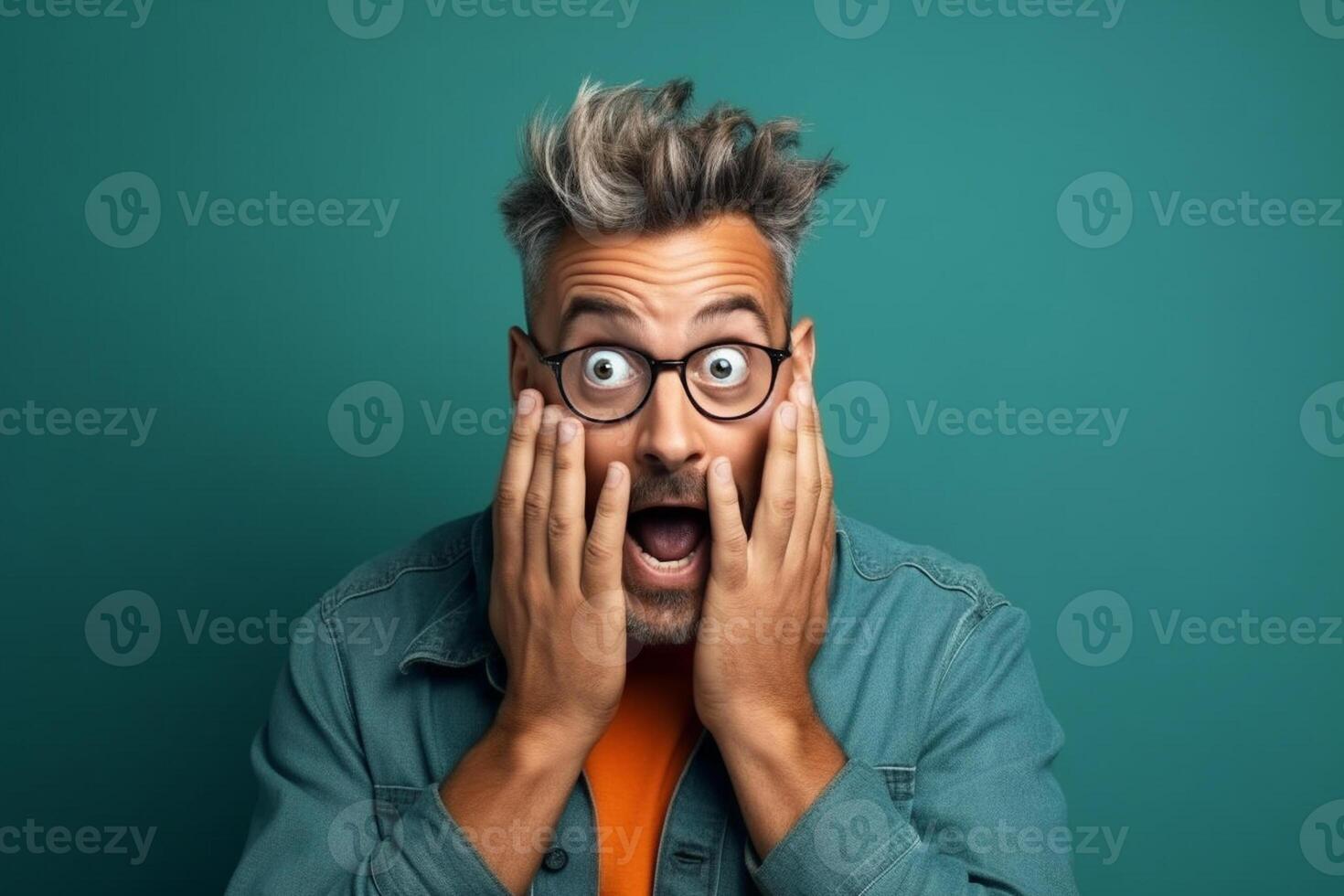 a man on solid color background photoshoot with Surprise facial expression photo