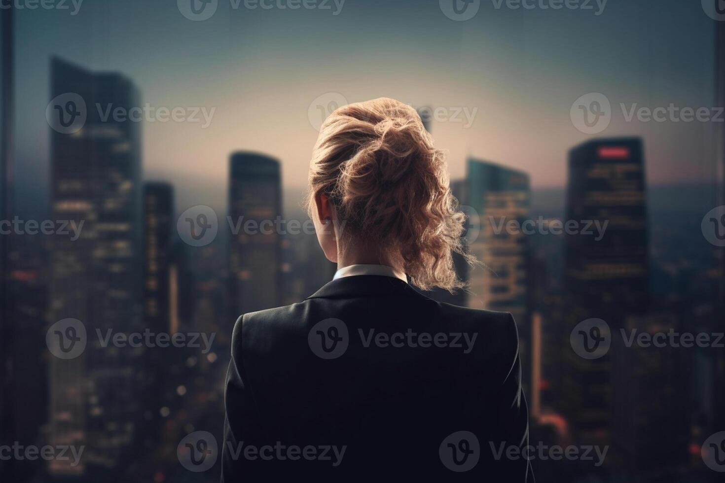 ai generativo espalda ver de mujer de negocios mirando a rascacielos representa juvenil valor en el negocio mundo foto