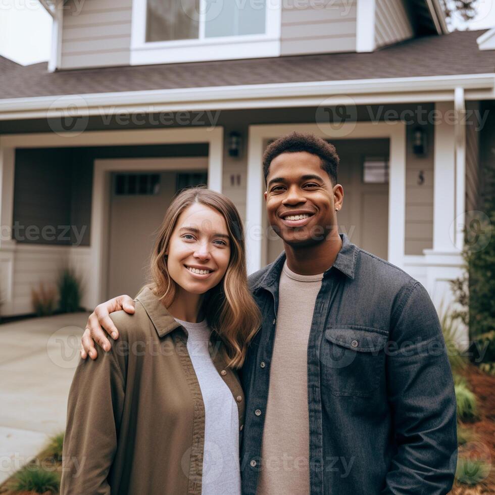 Portrait of happy mature couple standing in front of their new house photo