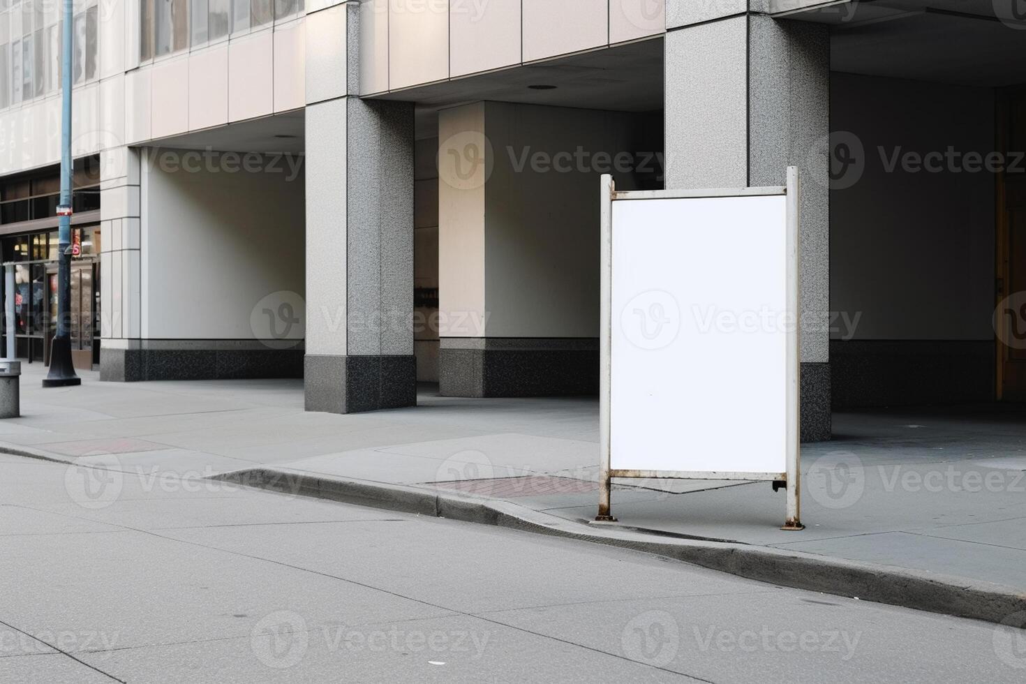 A blank white billboard mockup on a sidewalk in a city photo