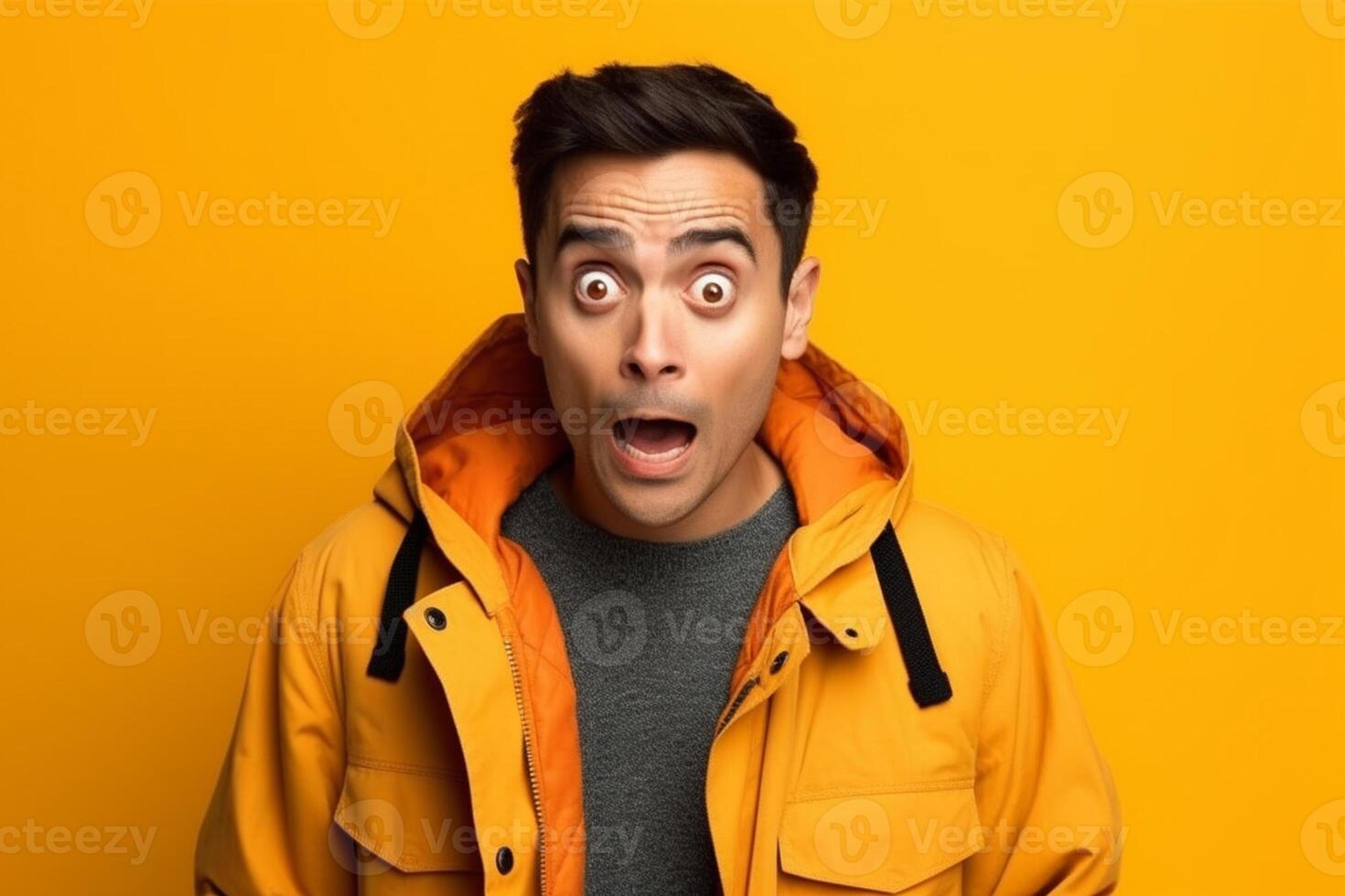 a man on solid color background photoshoot with Surprise facial expression photo