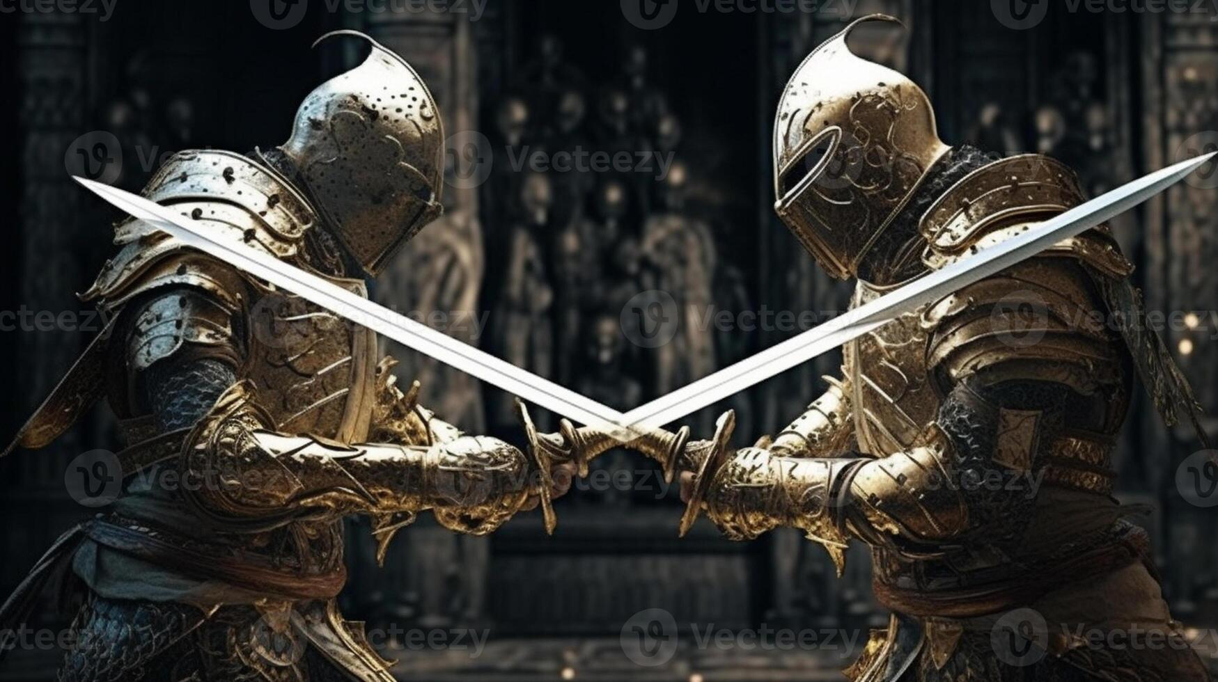 ai generativo dos medieval caballeros luchando con espadas en frente de el gótico catedral foto