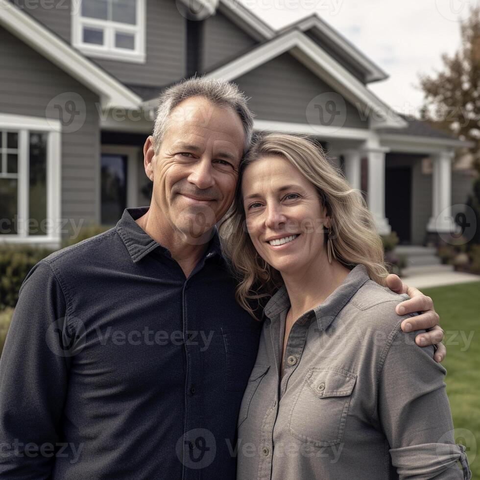 Portrait of happy mature couple standing in front of their new house photo