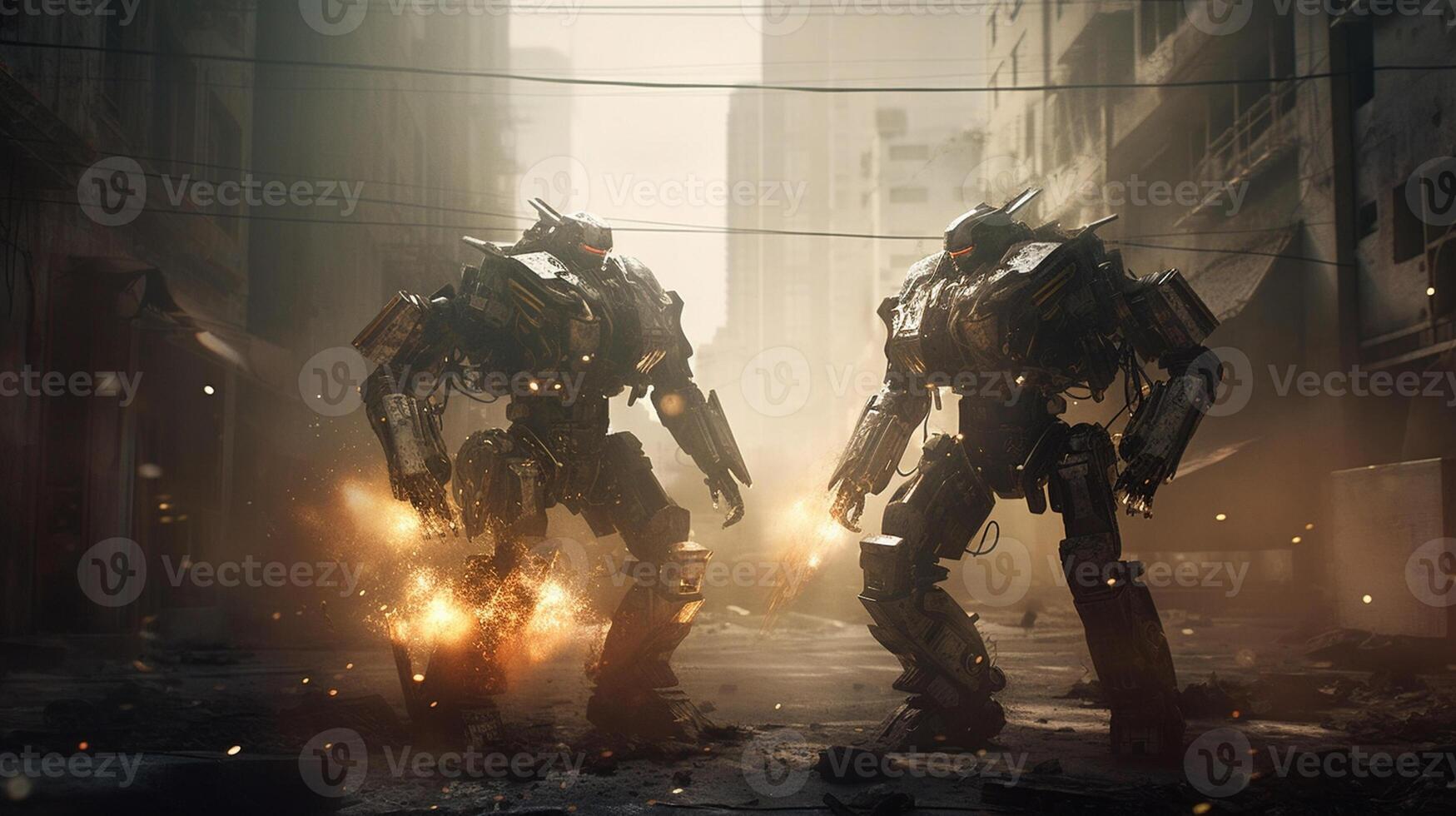 A futuristic clash between two immense robotic warriors photo