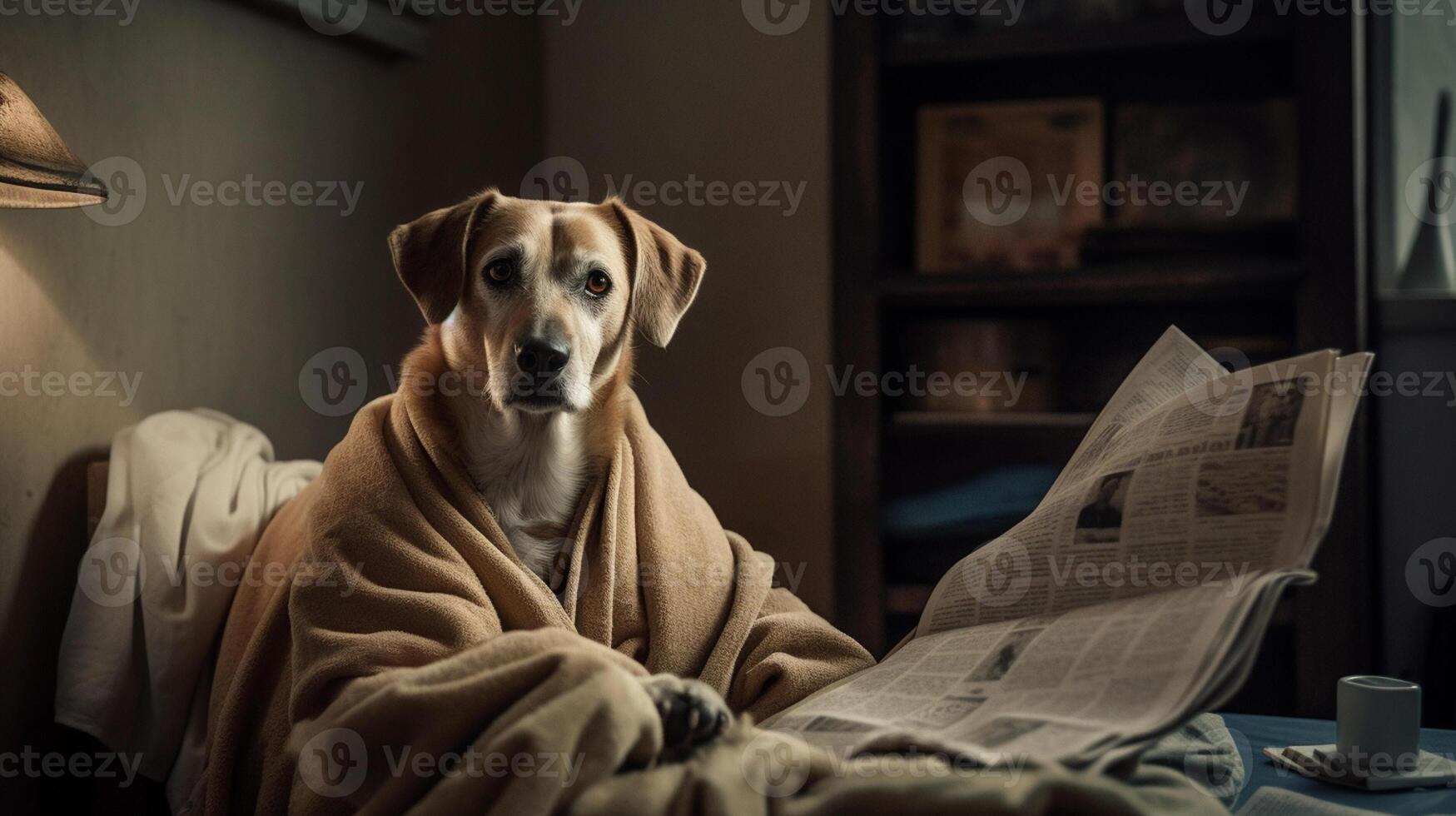 Cute dog in a blanket reading a newspaper on the bed at home photo