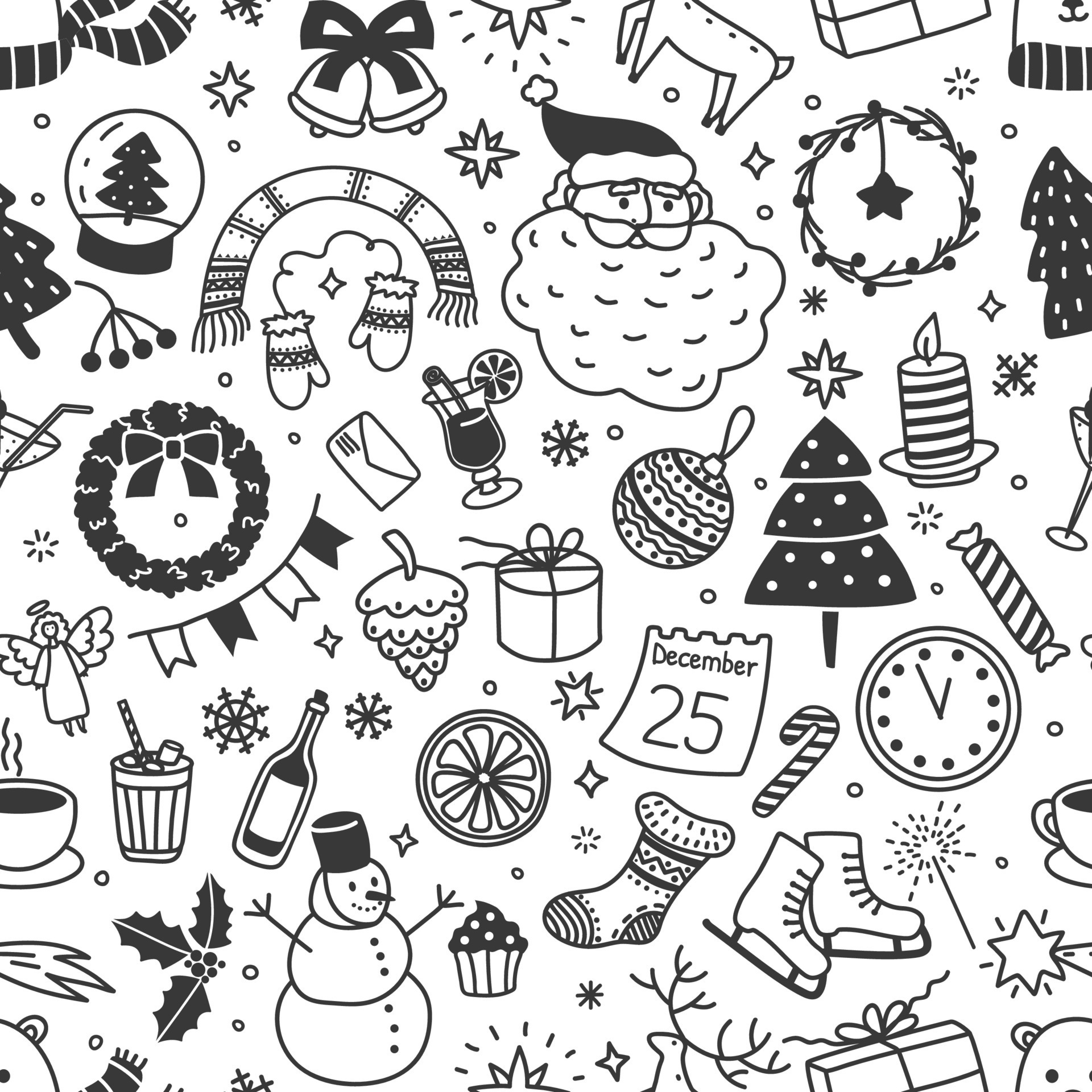 Christmas doodle seamless pattern with hand drawn xmas scribbles. New year, winter holiday 
