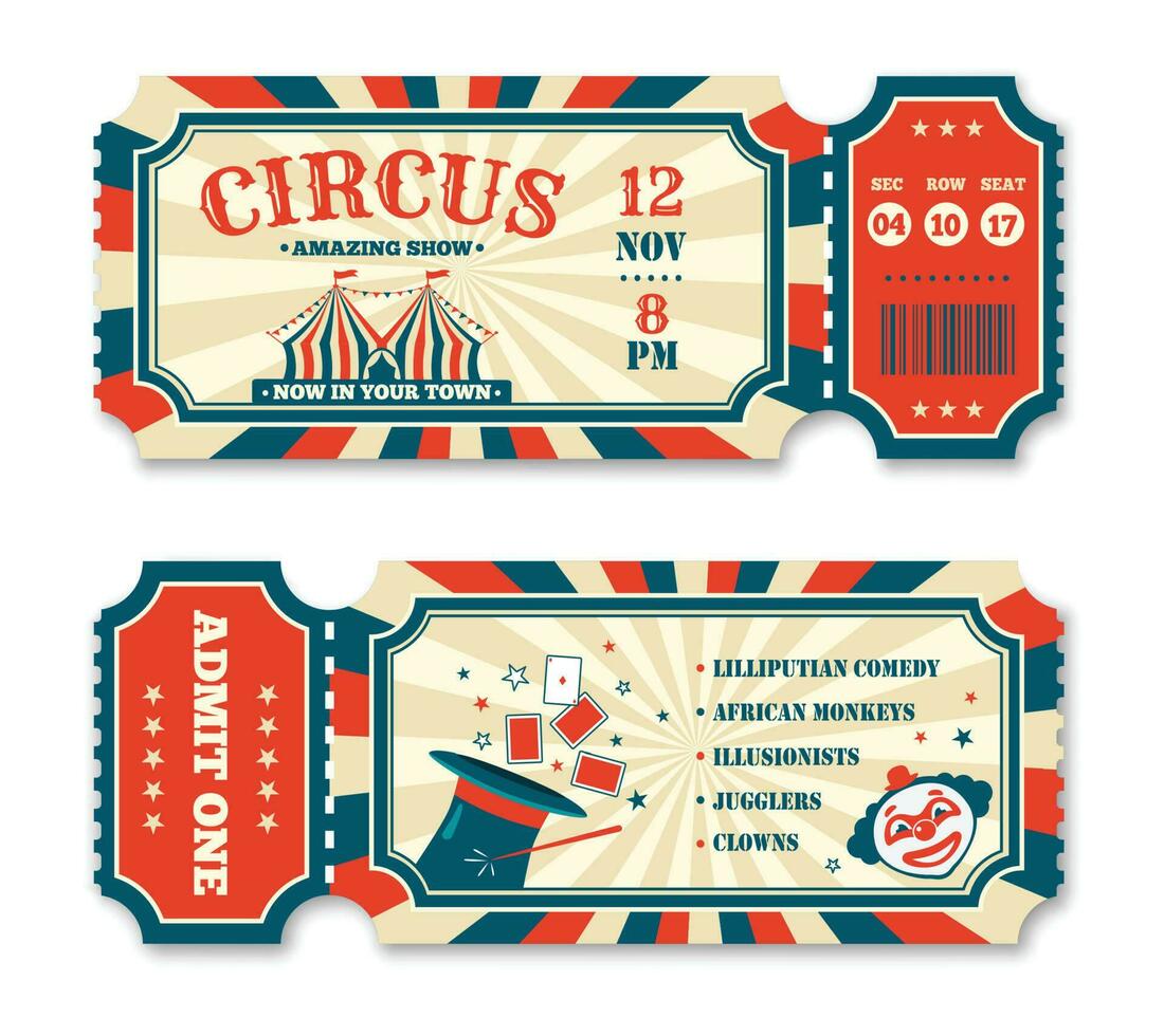 Clásico circo boleto plantilla, antiguo carnaval entrada Entradas. retro magia espectáculo invitación, recinto ferial o diversión parque Entrada cupón vector conjunto