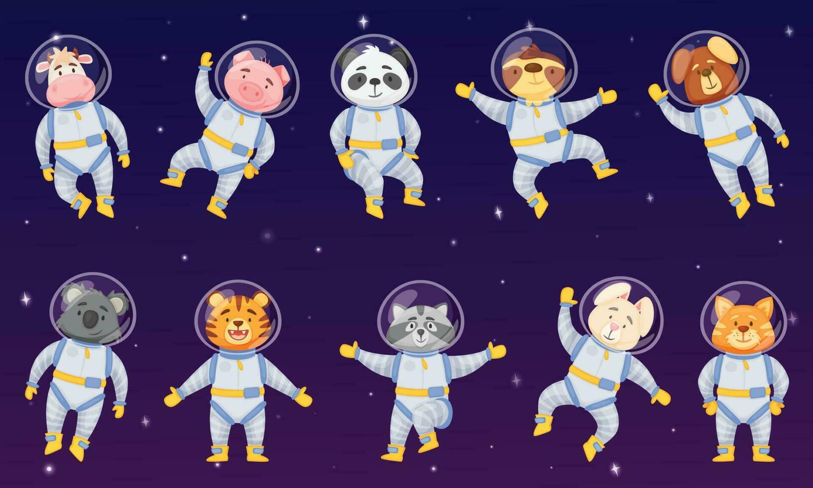 Cartoon animal astronauts, cute animals in space suits. Funny panda, dog, raccoon, tiger, koala character flying in outer space vector set