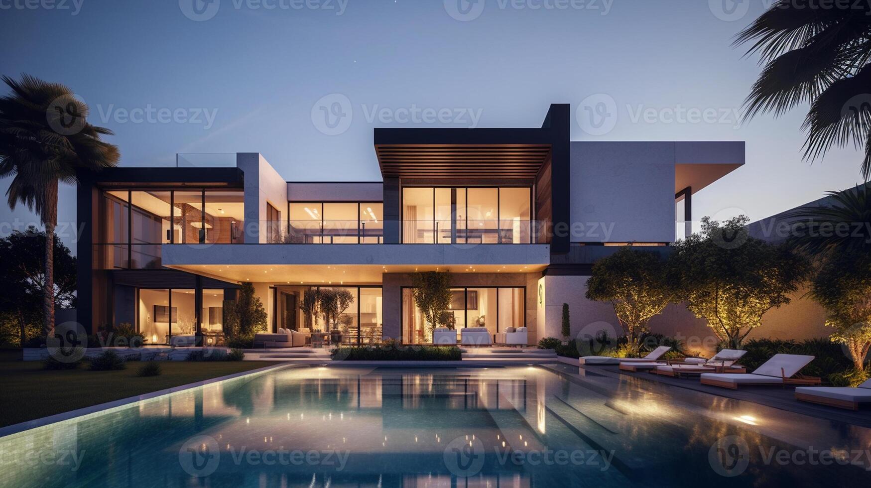 Exterior of modern luxury house with garden and beautiful sky photo