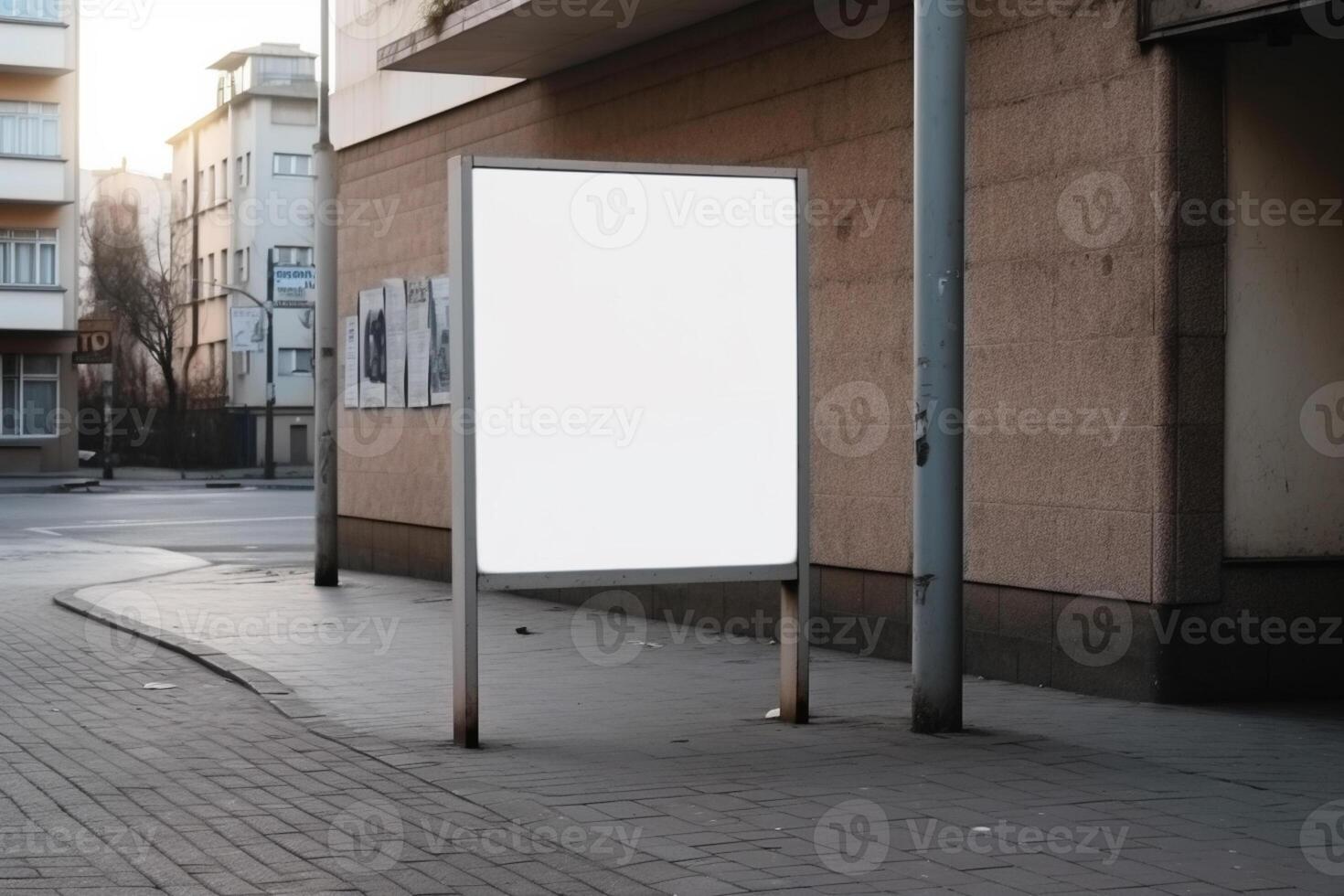 A blank white billboard mockup on a sidewalk in a city photo