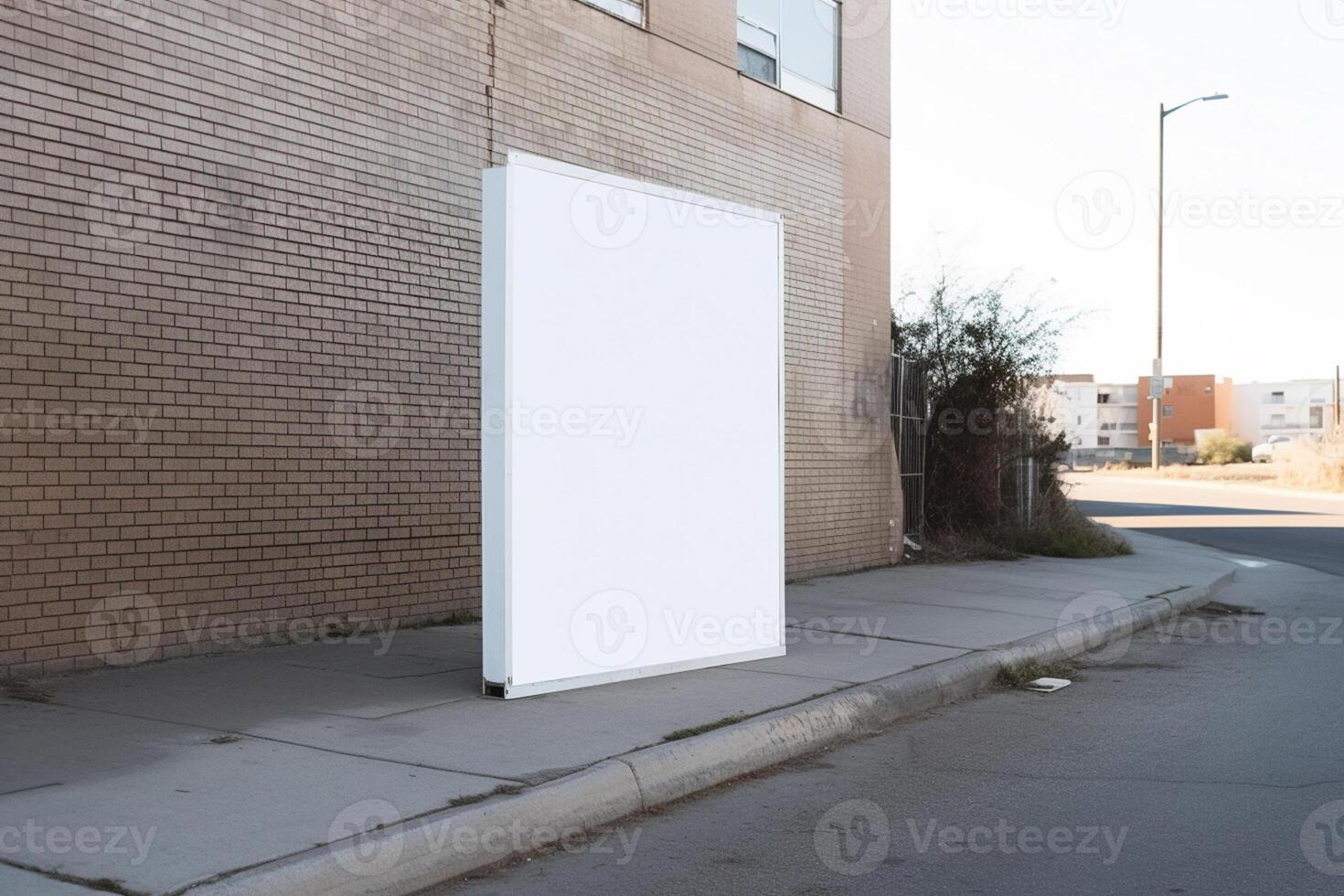 A blank white billboard mockup on a sidewalk in a city photo