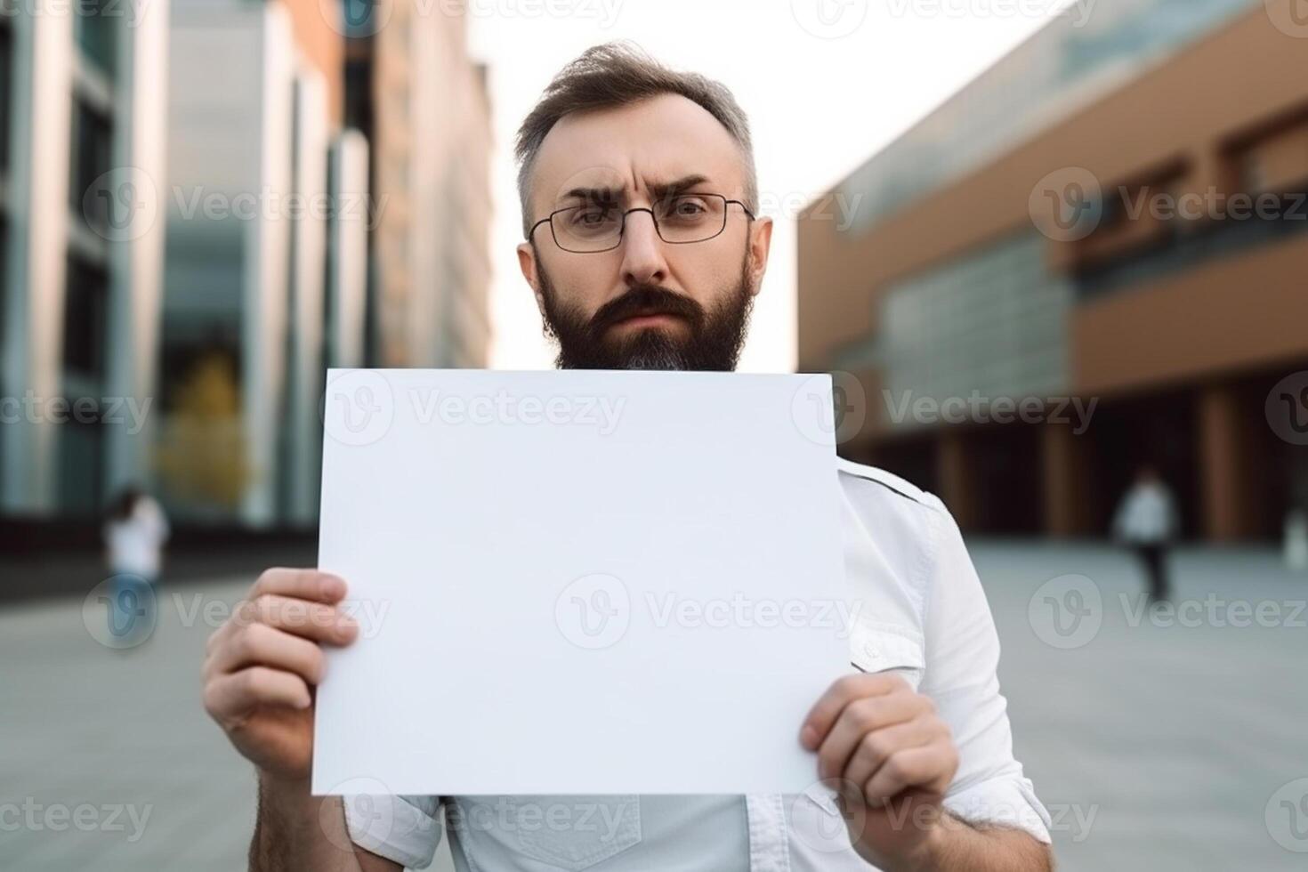 A man holds a blank white sign board mockup in his hand photo