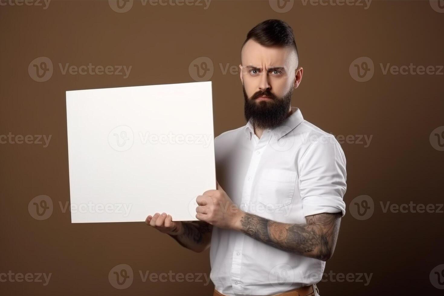 A man holds a blank white sign board mockup in his hand photo