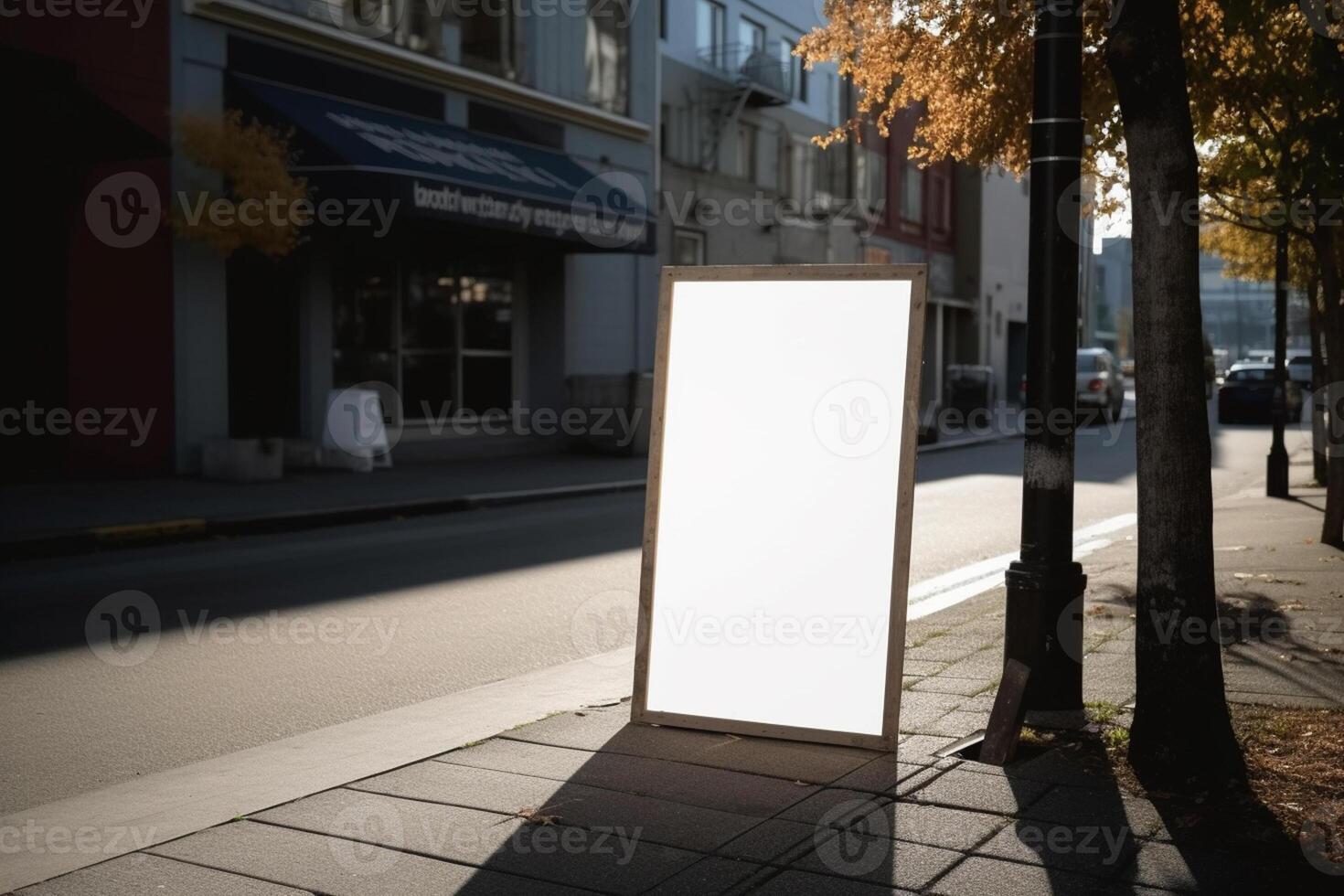 A blank white billboard mockup on a sidewalk in a city photo