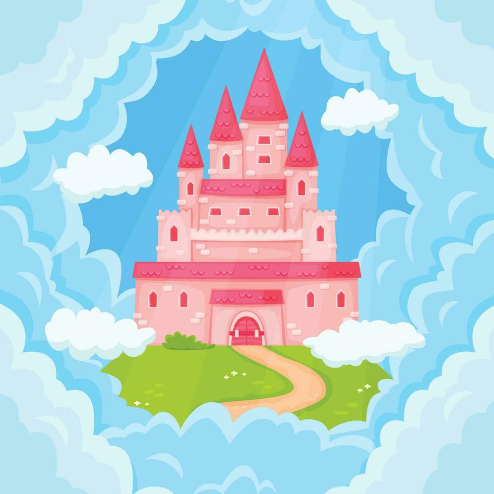 Cartoon fairytale princess pink castle towers in clouds. Magic kingdom palace flying in sky, cute medieval fantasy mansion vector illustration