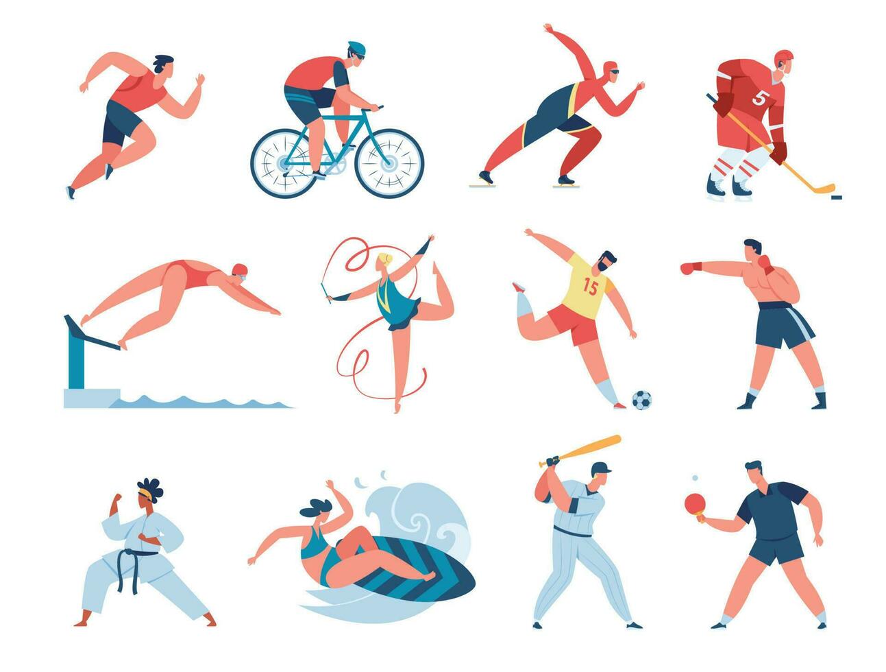 deporte gente, profesional atleta gimnasta, Boxer, corredor. atlético caracteres jugando béisbol, fútbol, hockey, Deportes ocupaciones vector conjunto