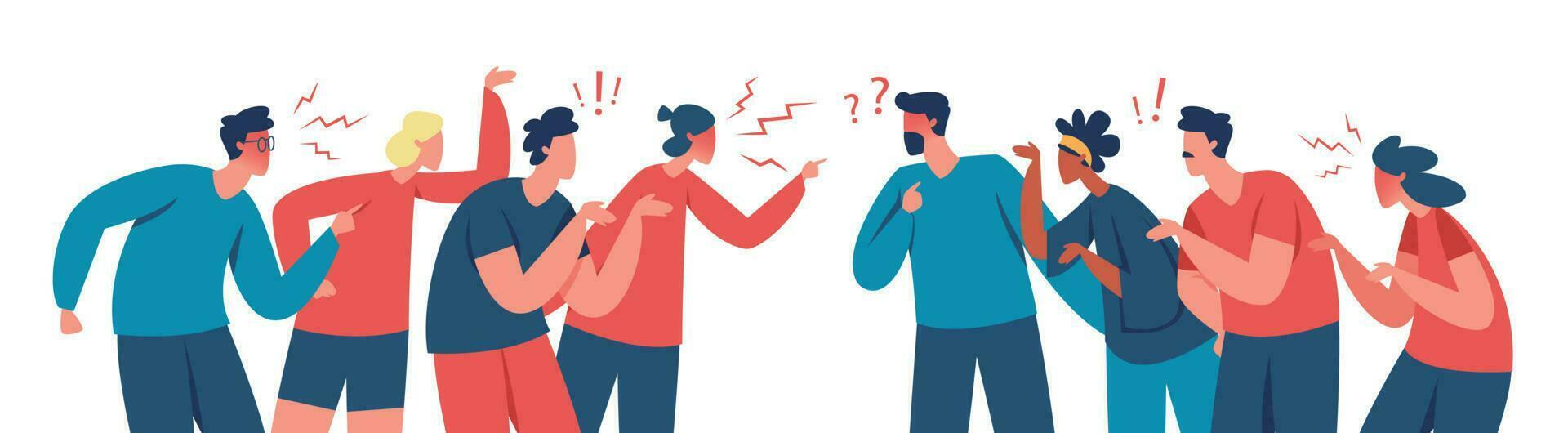 Two groups of people arguing and fighting, conflict among people. Angry characters having argument or disagreement vector illustration