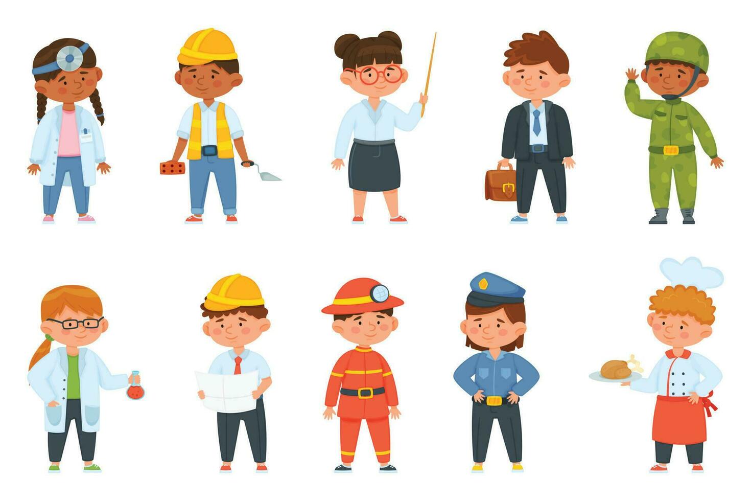 Cartoon kids of different professions, children in professional uniforms. Boy and girl firefighter, doctor, teacher, chef, engineer vector set